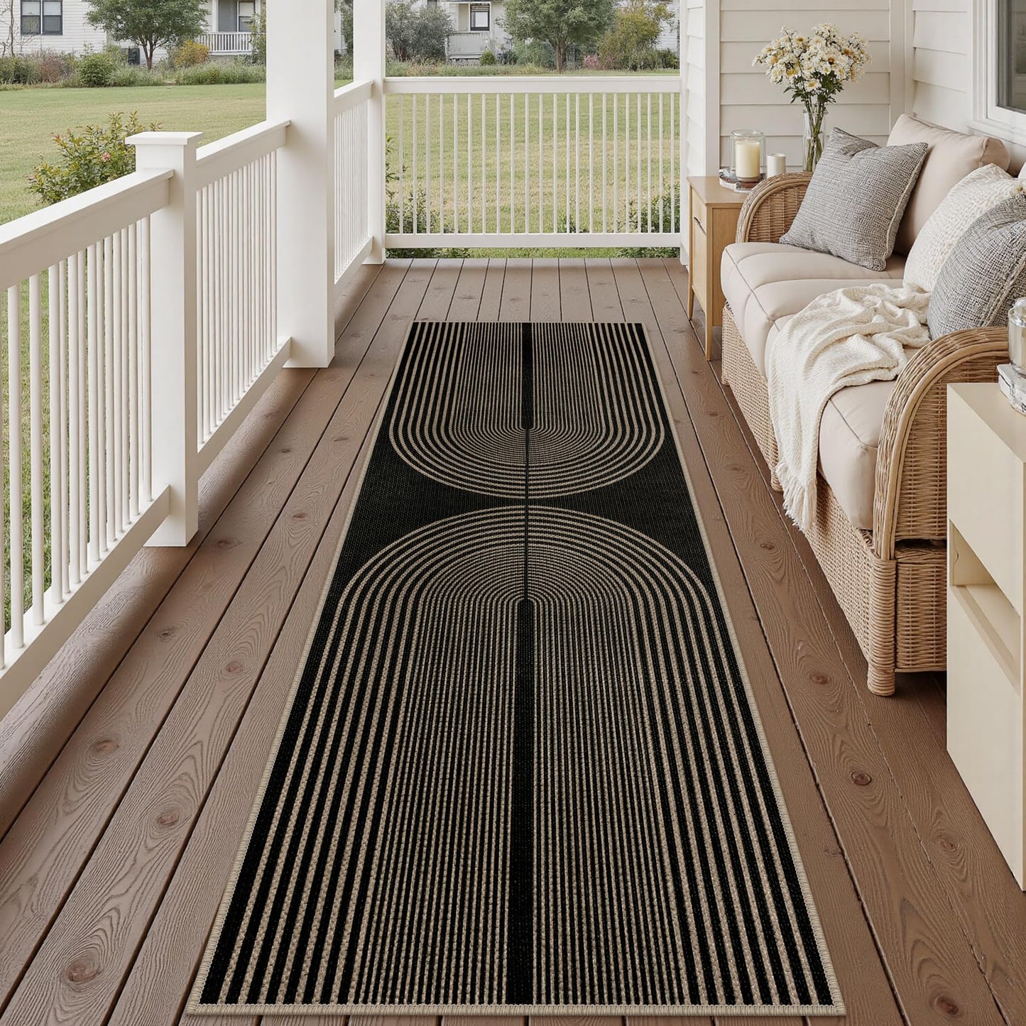 Rugalia Easy Jute Rainbow Runner Rug, 2.6x8 Black Washable Rugs Runner for Hallway Non-Slip Boho Farmhouse Kitchen Runner Rug, Modern Abstract Indoor Outdoor Carpet for Porch Laundry Entryway