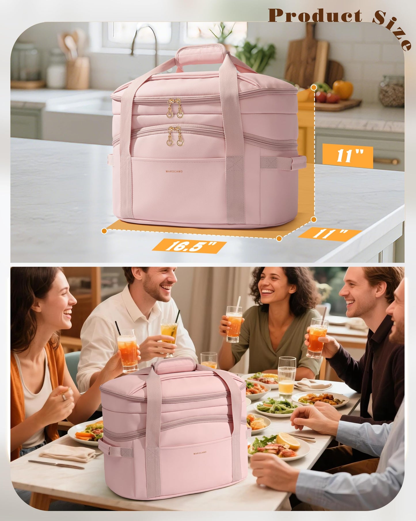 Marscamd Double Layers Slow Cooker Carrying Bag Compatible with 6-8 Quart Crockpot and Hamilton Beach, Slow Cooker Insulated Carrier with Utensils Storage Section, Pink