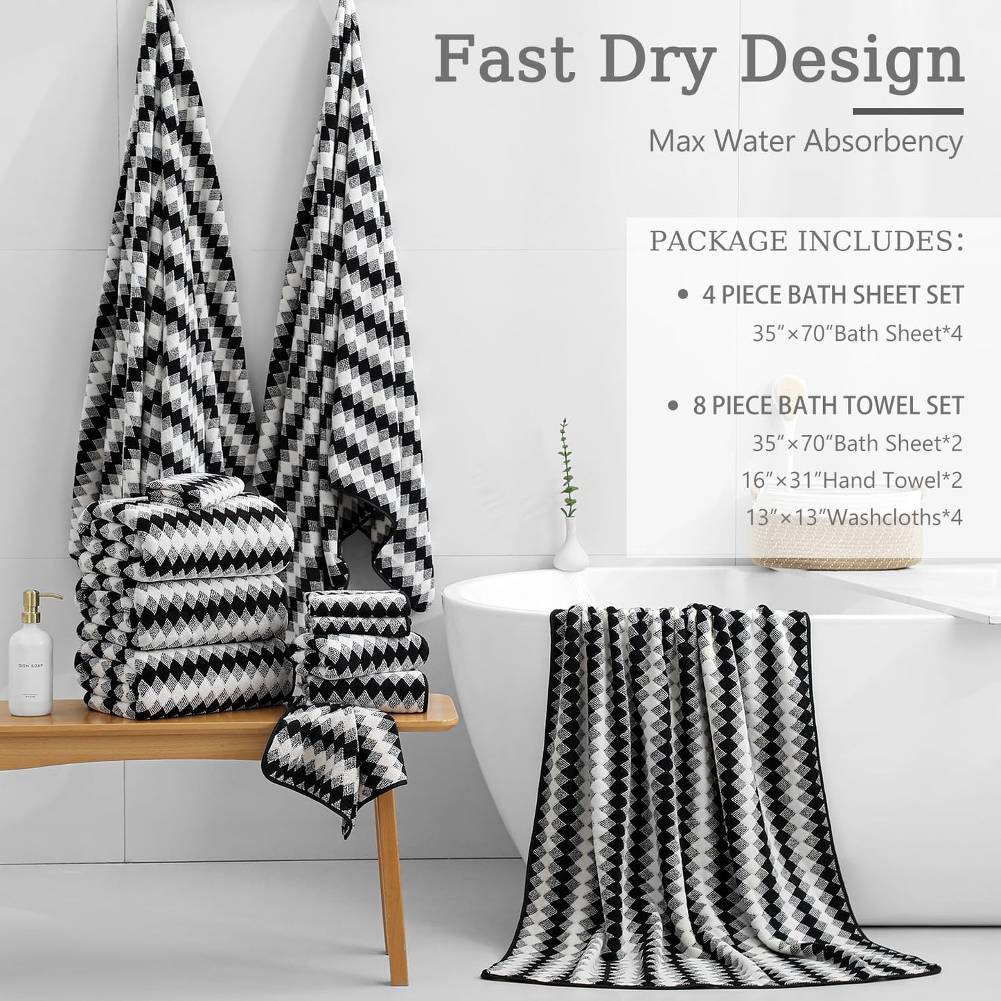 8 Piece Bathroom Towel Set Black White|2 Oversized Large Bath Towels Sheet,2 Hand Towels,4 Washcloths| 600GSM Soft Towel Set for Bathroom Hotel,Highly Absorbent Quick Dry Bath Towel Collections