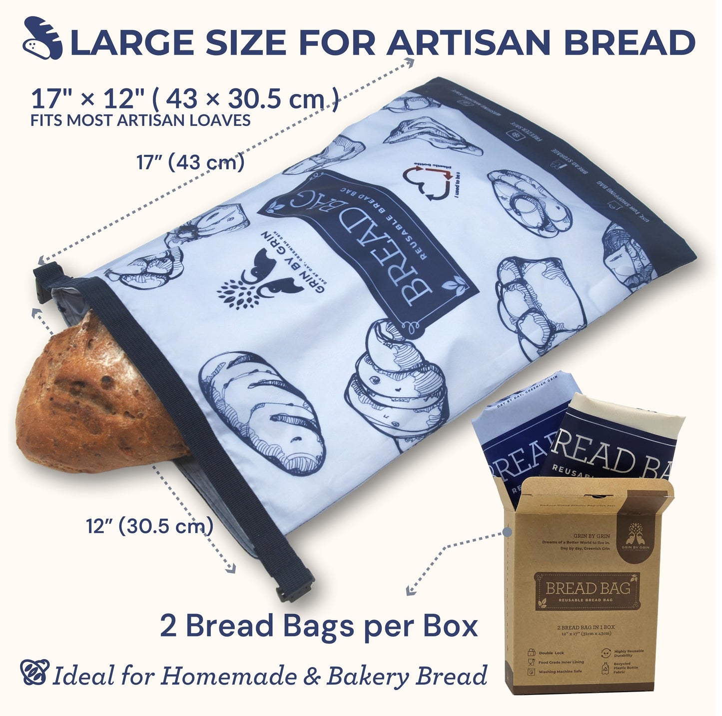 GRIN BY GRIN- Bread Bags 2 Pack Reusable Zipper Bags for Homemade Bread Sourdough Extra Large Freezer Storage