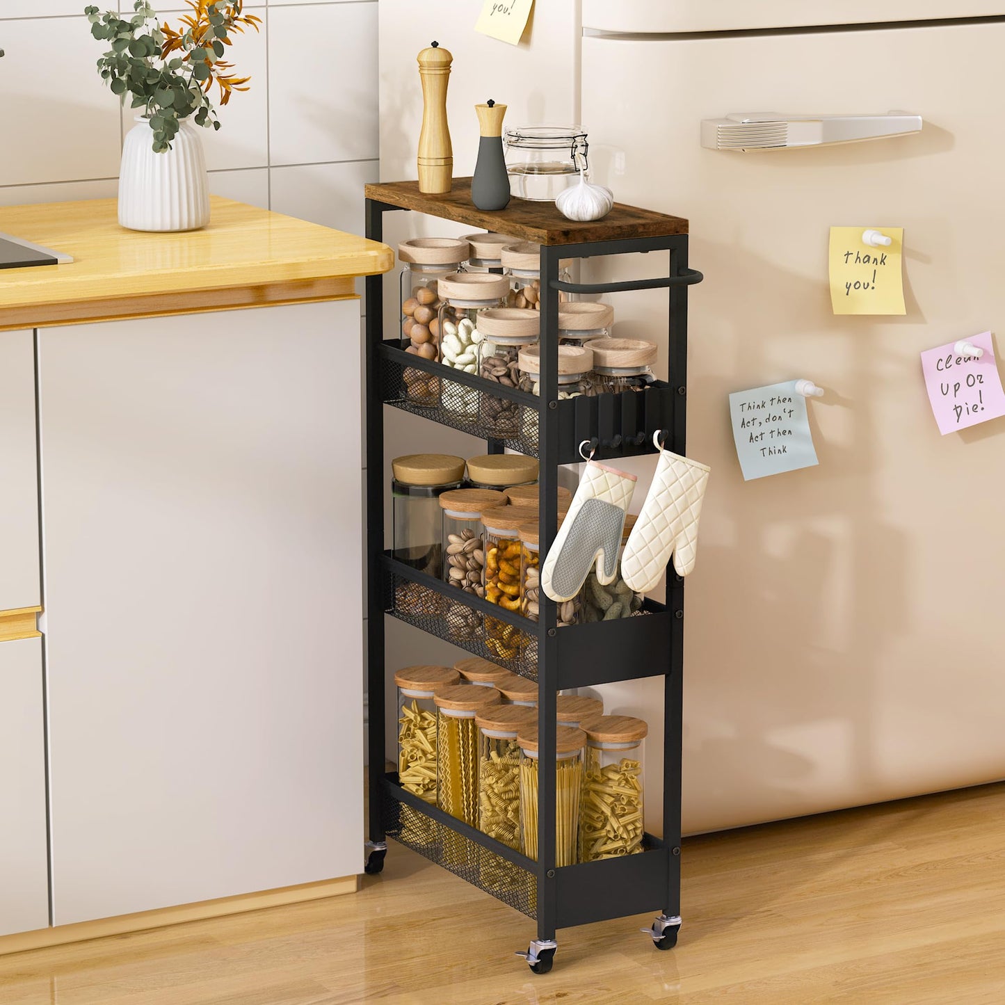 7.1" Wide Slim Rolling Utility Cart, 4 Tier Metal Narrow Storage Cart with Handle and Wood Top, Multifunctional Small Mobile Shelf Unit Organizer Trolley for Laundry, Bathroom, Kitchen