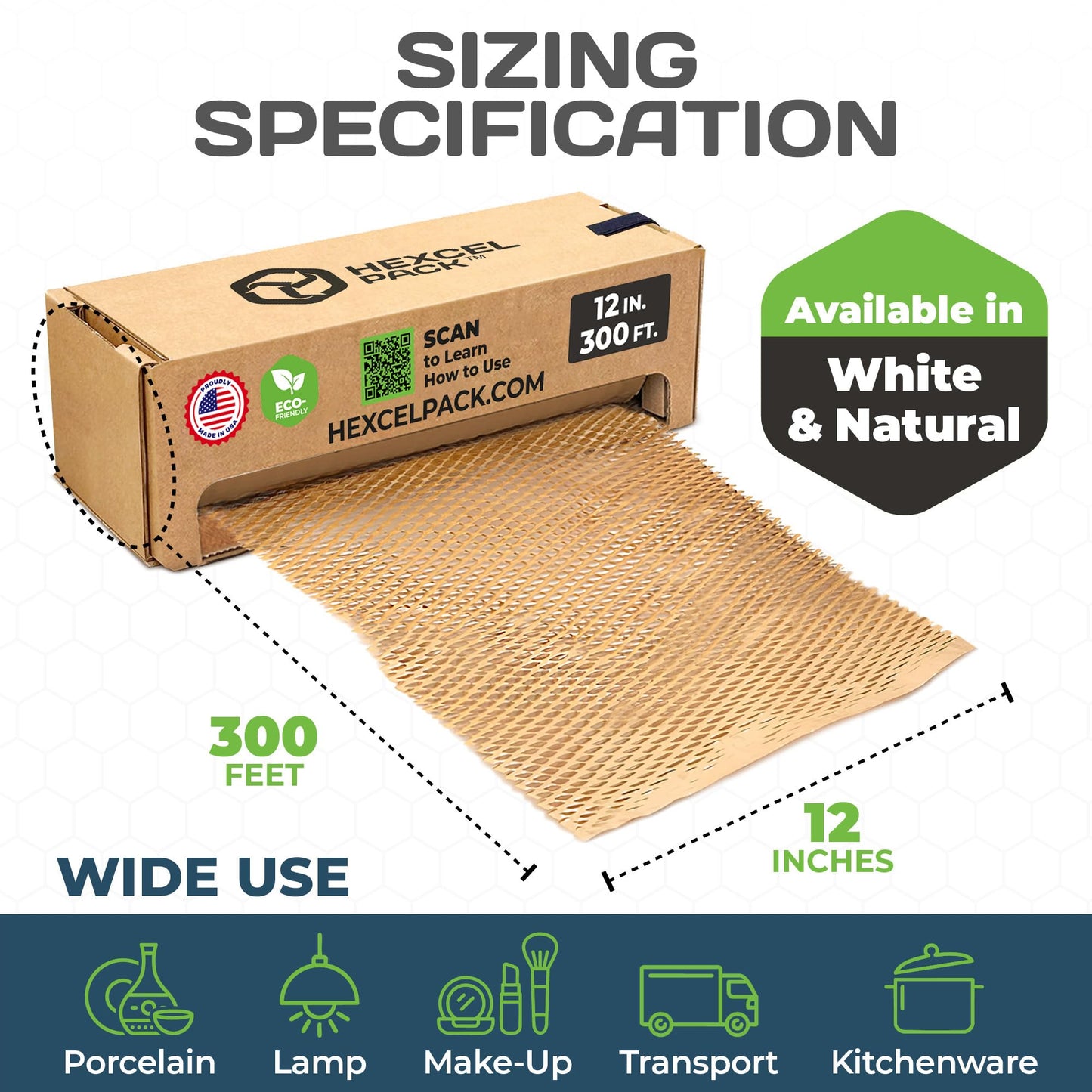 HexcelPack HexcelWrap Mini - Honeycomb Packing Paper, Eco-Friendly, Sustainable Paper Bubble Wrap for Shipping & Moving, Cushioned Packing Material in Easy Self-Dispenser Box - Natural, 12" x 300'
