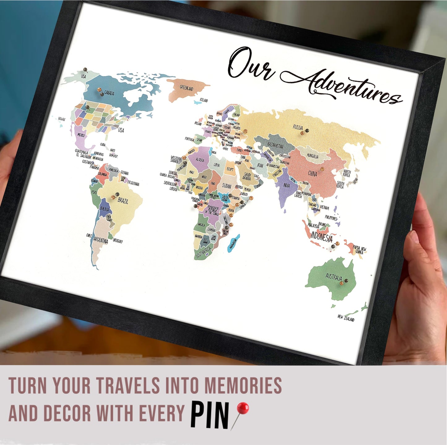 flinelife World Map Pin Board,12X10, World Travel Map With Pins, Perfect For Couples or Retirement Gift