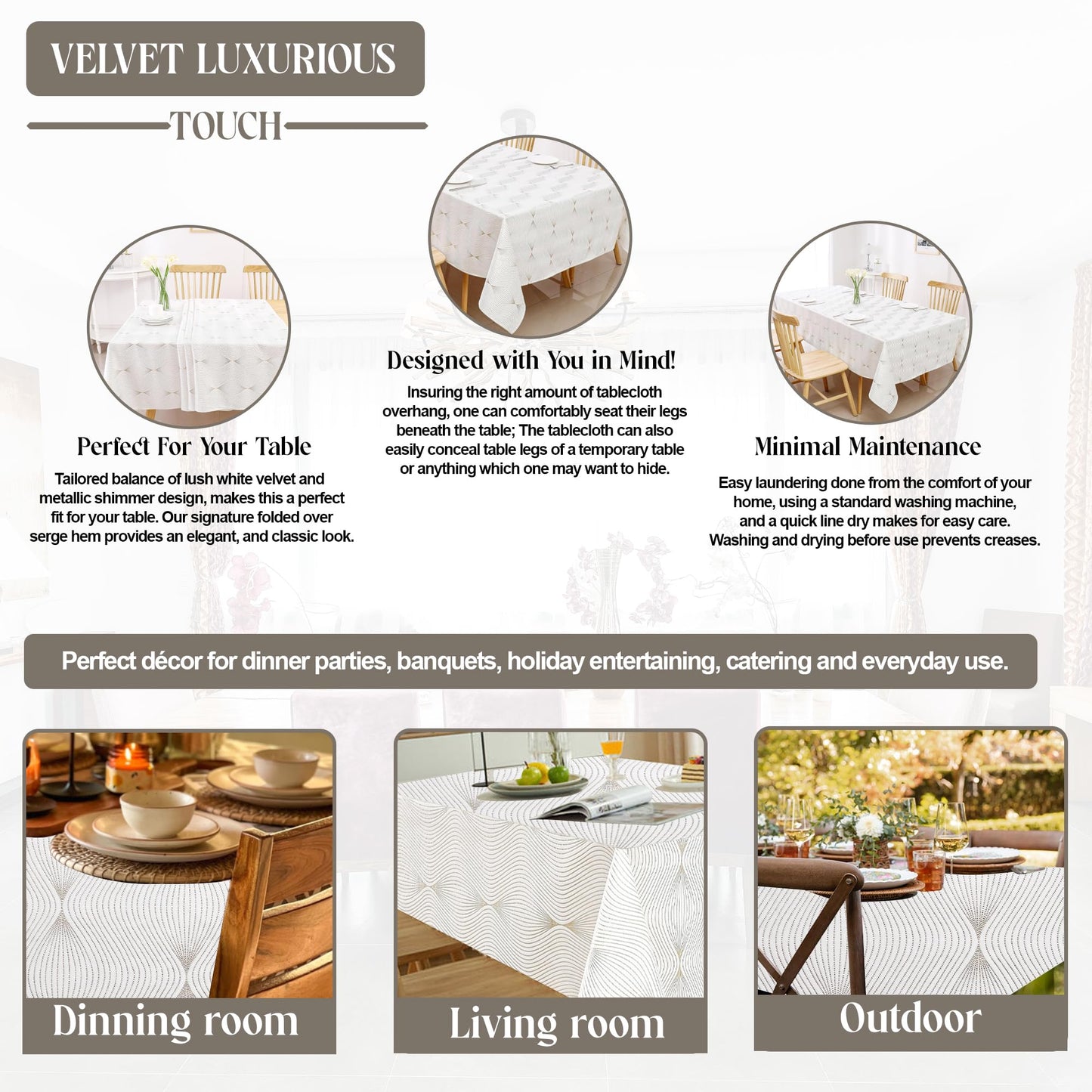 Majestic Giftware Velvet Tablecloths for Rectangle Tables | (70/144) - TC1408 Gold Infinity Print Hem Stitch Dining Table Cover | Decorative Washable Rectangle Tablecloth for Kitchen, Dinning, Party