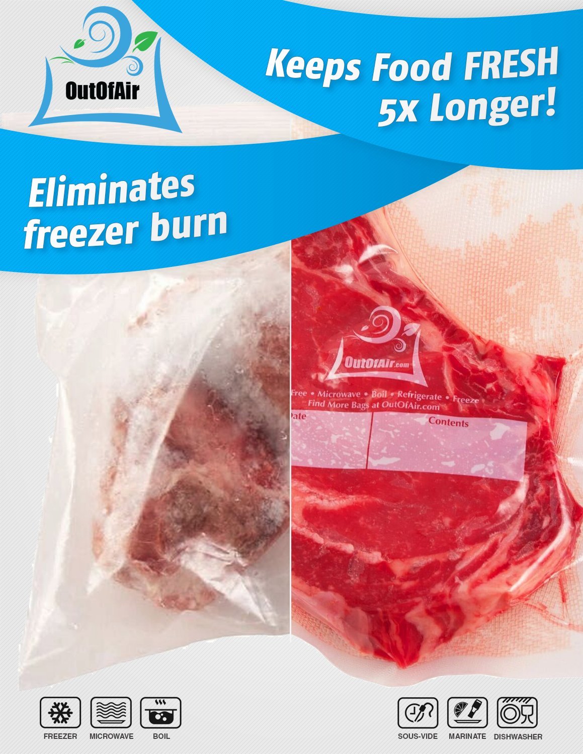 8" x 25' Rolls (Fits Inside Machine) - BULK 8 Pack (200 ft total) OutOfAir Vacuum Sealer Rolls Works With FoodSaver & Other Machines, 33% Thicker BPA Free Sous Vide Commercial Grade Bags