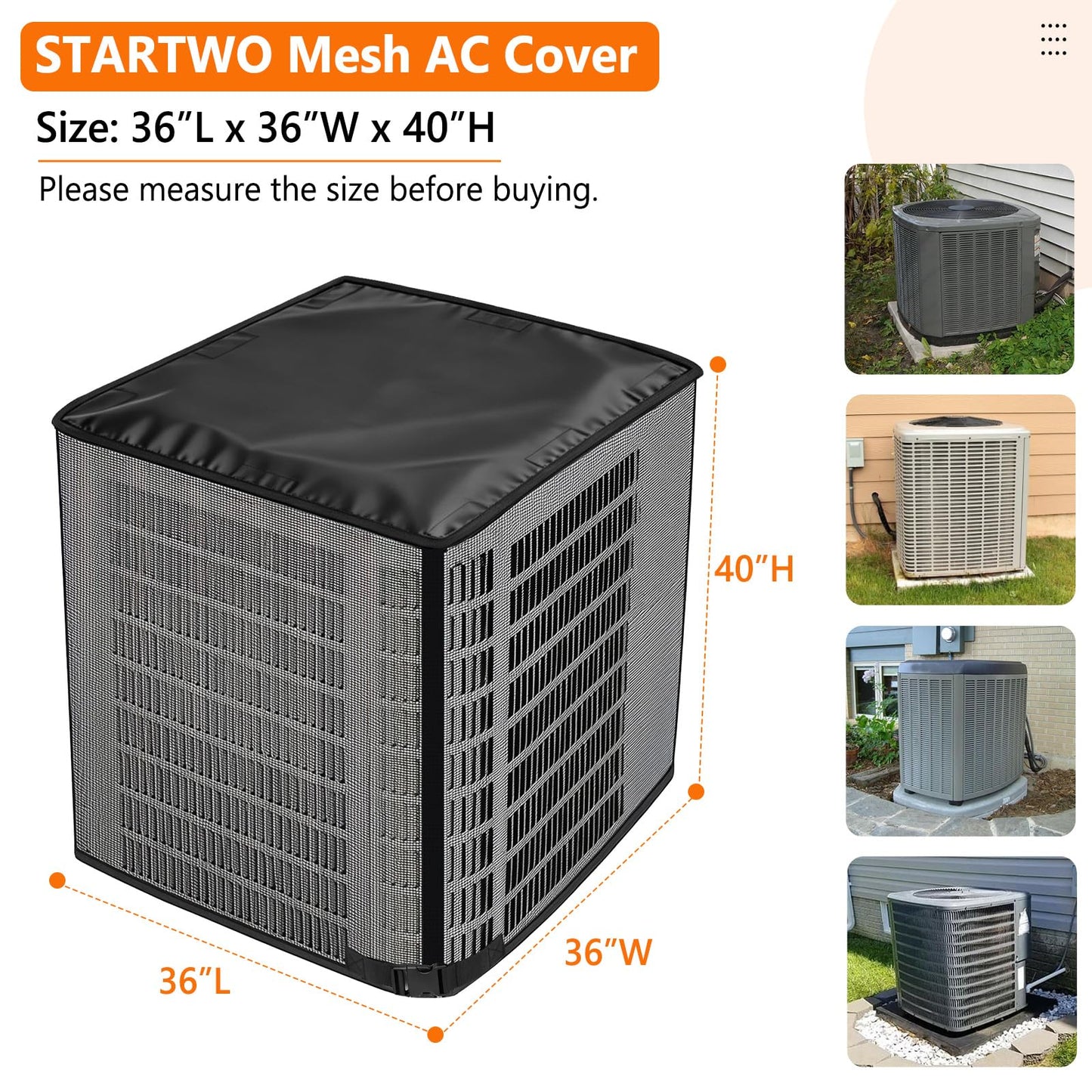 STARTWO 2 in 1 Full Mesh Air Conditioner Covers for Outside with Detachable Waterproof Fabric Top,All Season Outdoor AC Units Cover Against Leaves,Debris,Ice,Snow,36x36x40in