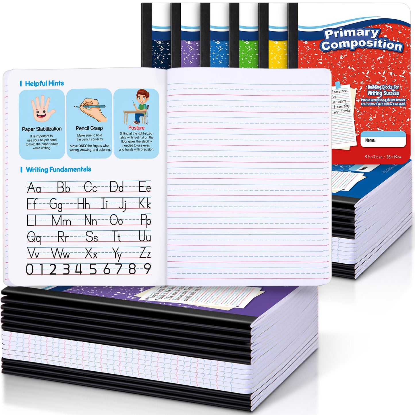 Watersay 30 Pack Primary Ruled Composition Notebook, Grade K-2 Journal 50 Sheets, 7-1/2" x 9-3/4" Primary Composition Book Writing Notebook for Kids Kindergarten Preschool 1st 2nd Grad (Multicolor)