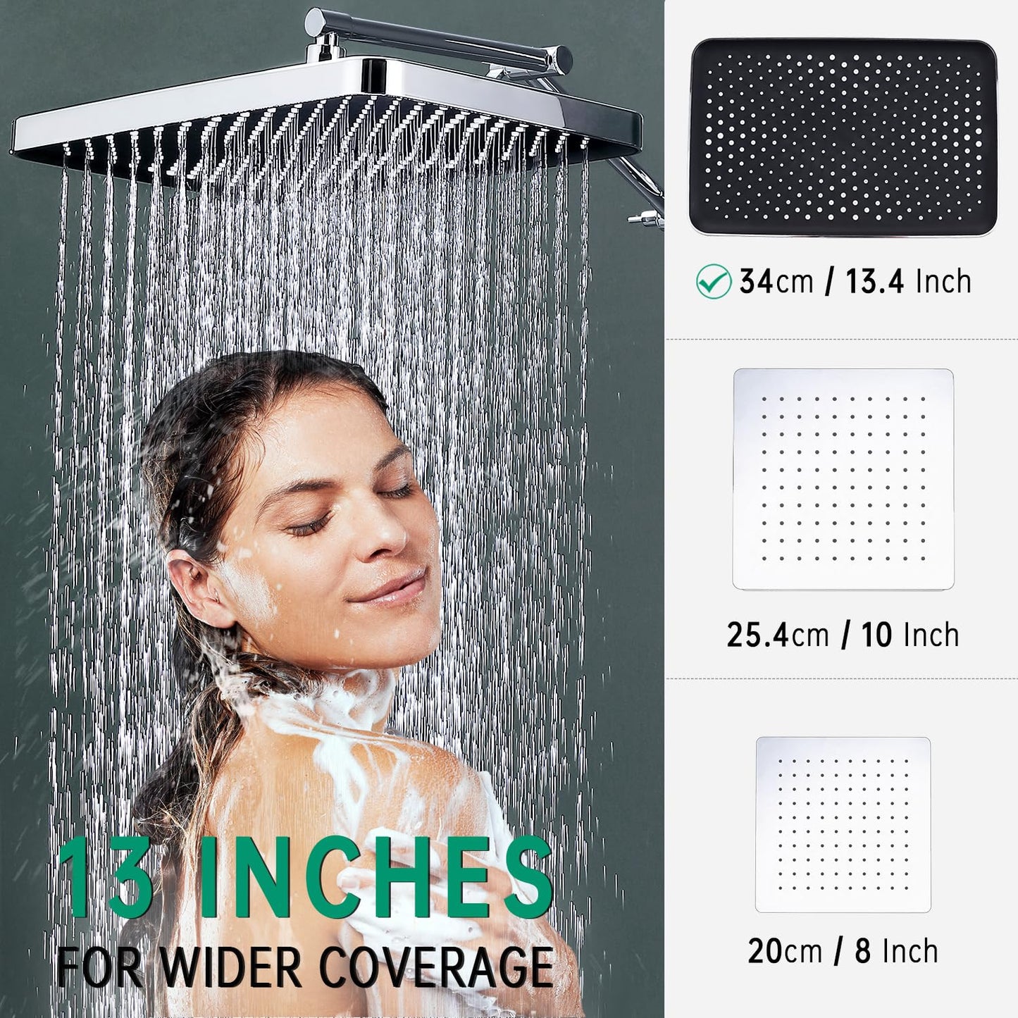 13-Inch Shower Heads with Multi-Function Handheld Sprayer Combo, 3-Way Metal Extended Diverter with Holder and Metal Adjustable Shower Extension Arm, Extra Long Hose(Chrome)