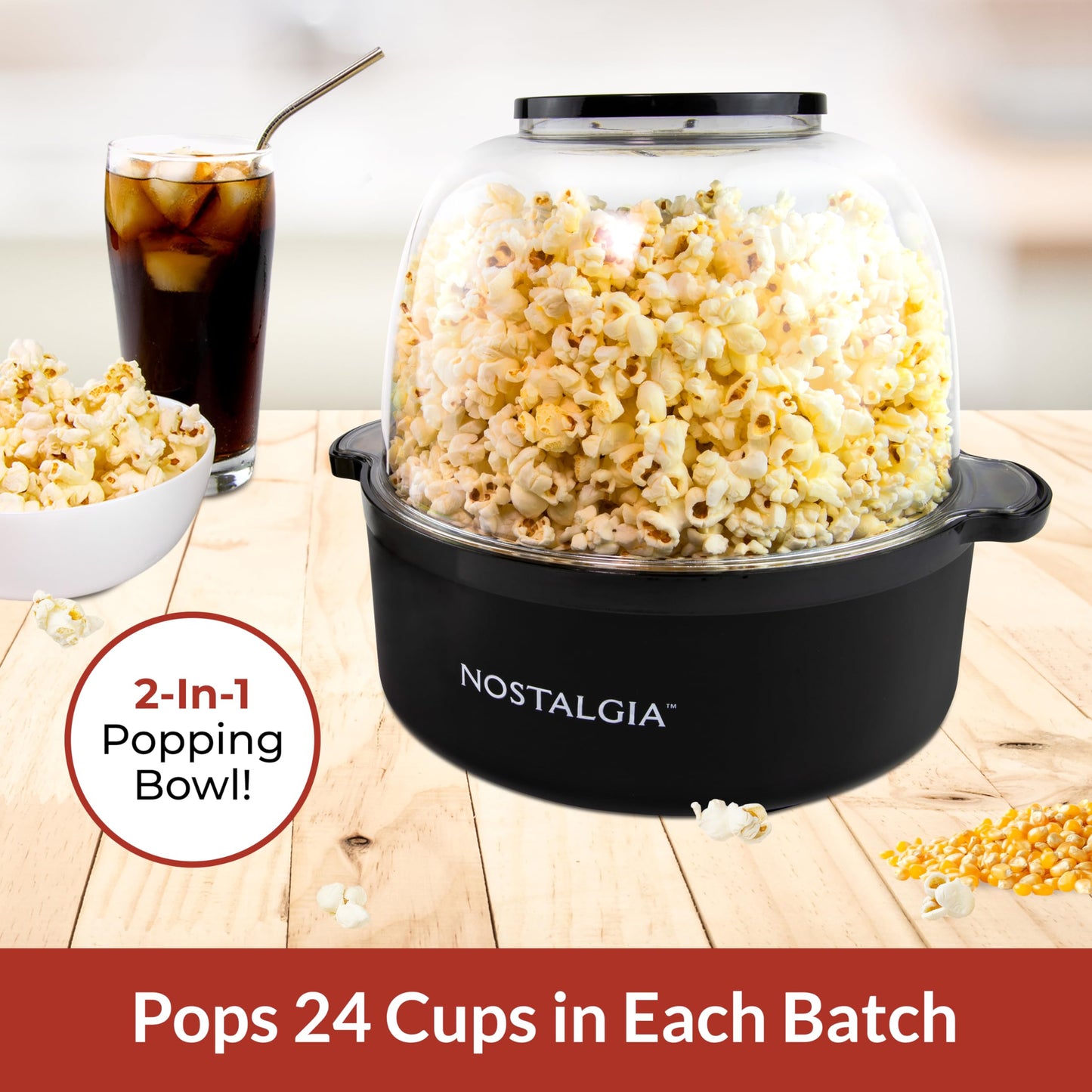 Nostalgia Classic Electric Stirring Popcorn Maker, Makes 8 Cups, Large Lid Doubles as Serving Bowl, Quick Heat Technology, for Kettle Corn and Roasted Nuts, Black