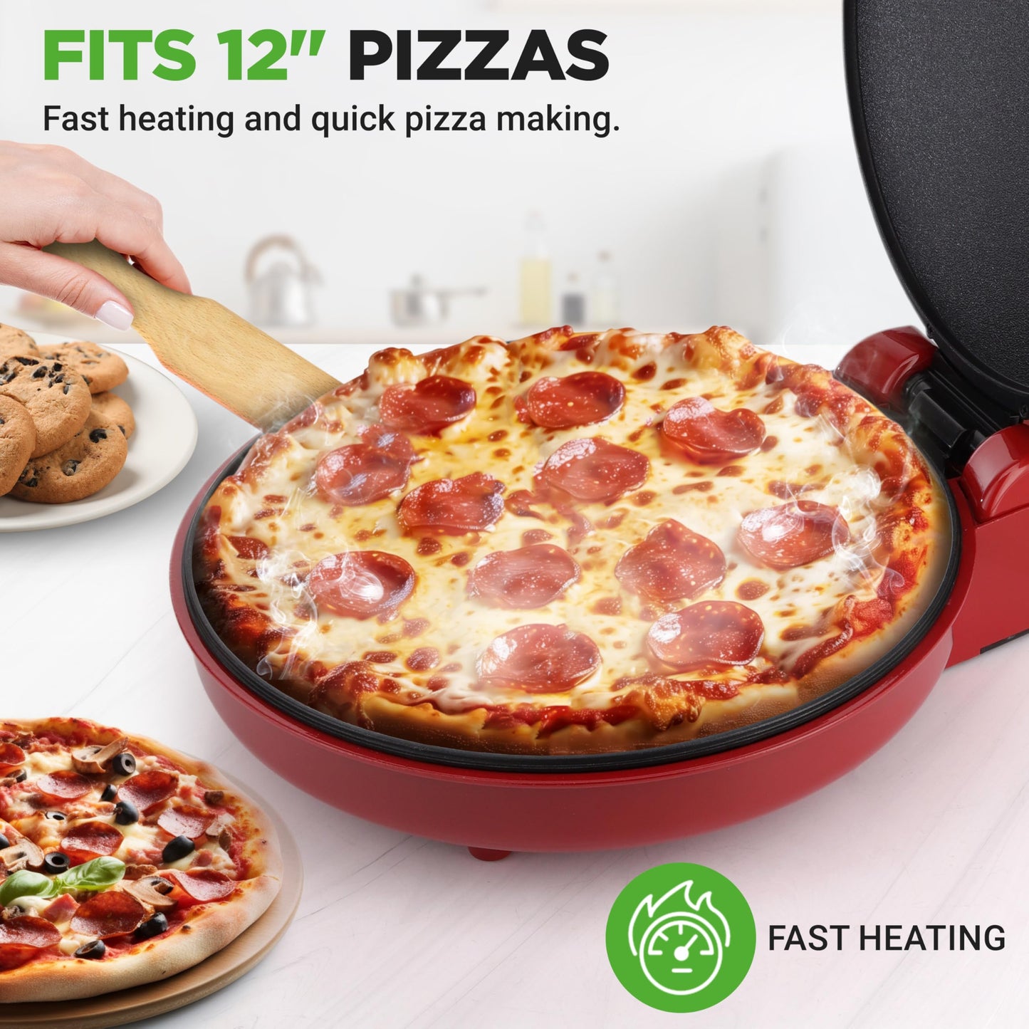 NutriChef Countertop Pizza Maker | 1500W Non-Stick Electric Pizza Cooker | Make 12" Personal Pizzas, Eggs, Toast & More | Cool-Touch Handles, Compact & Space-Saving | Temp Range 175-400°F | Red