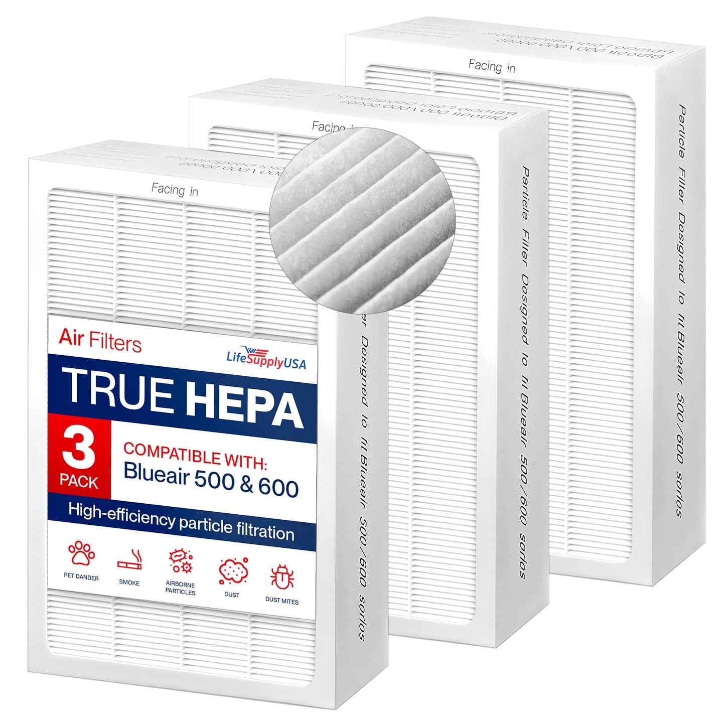 Classic 500/600 Series HEPA Particle Filter Replacement Compatible with Blueair Air Purifier Models 501 503 505 510 550E 555EB 601 603 605 650E by LifeSupplyUSA (3-Pack)