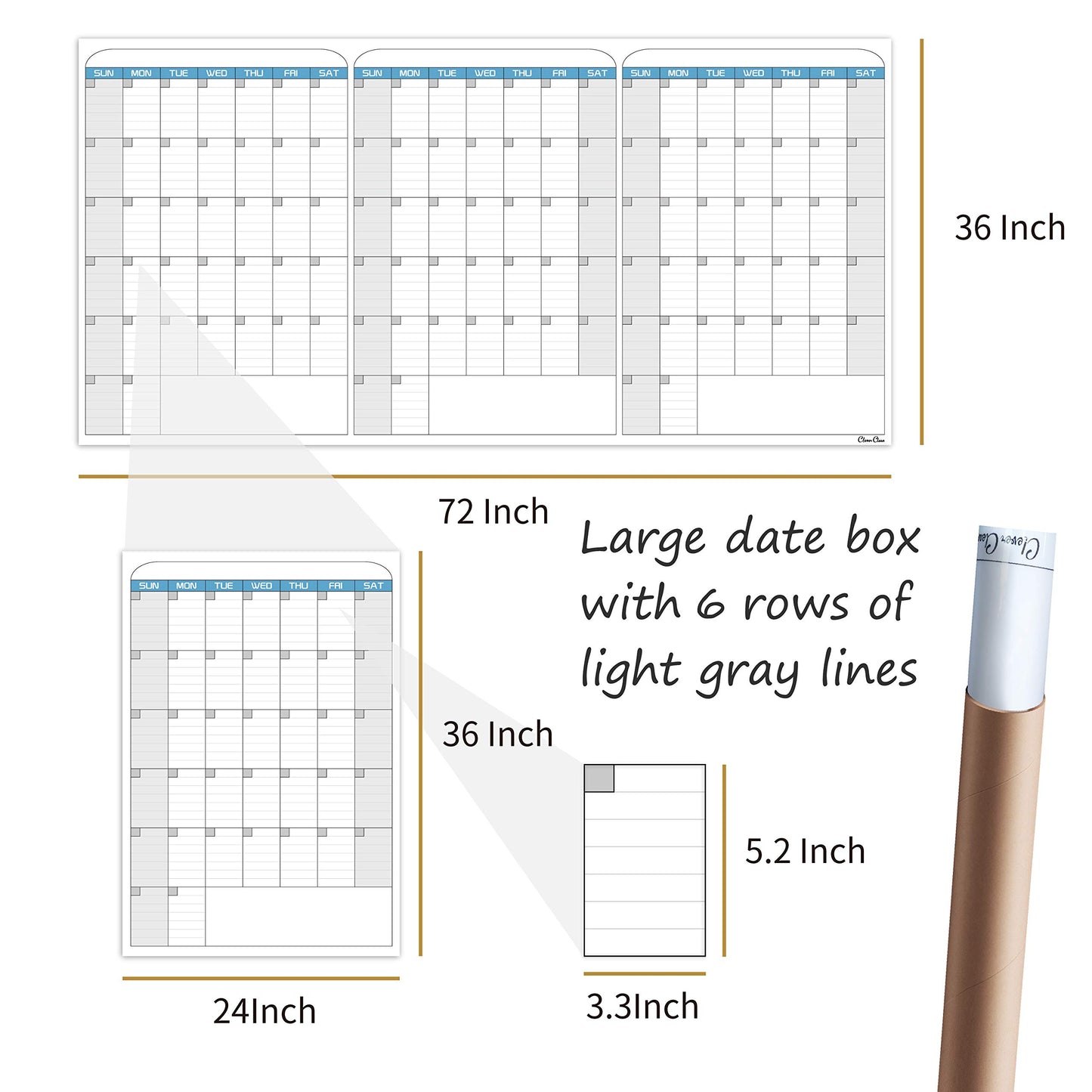 CLEVER CLEAN Large Dry Erase Wall Calendar - 36"x72" Undated 3-Month Calendar for Home, School, Office Projects - Jumbo Reusable Task Organizer
