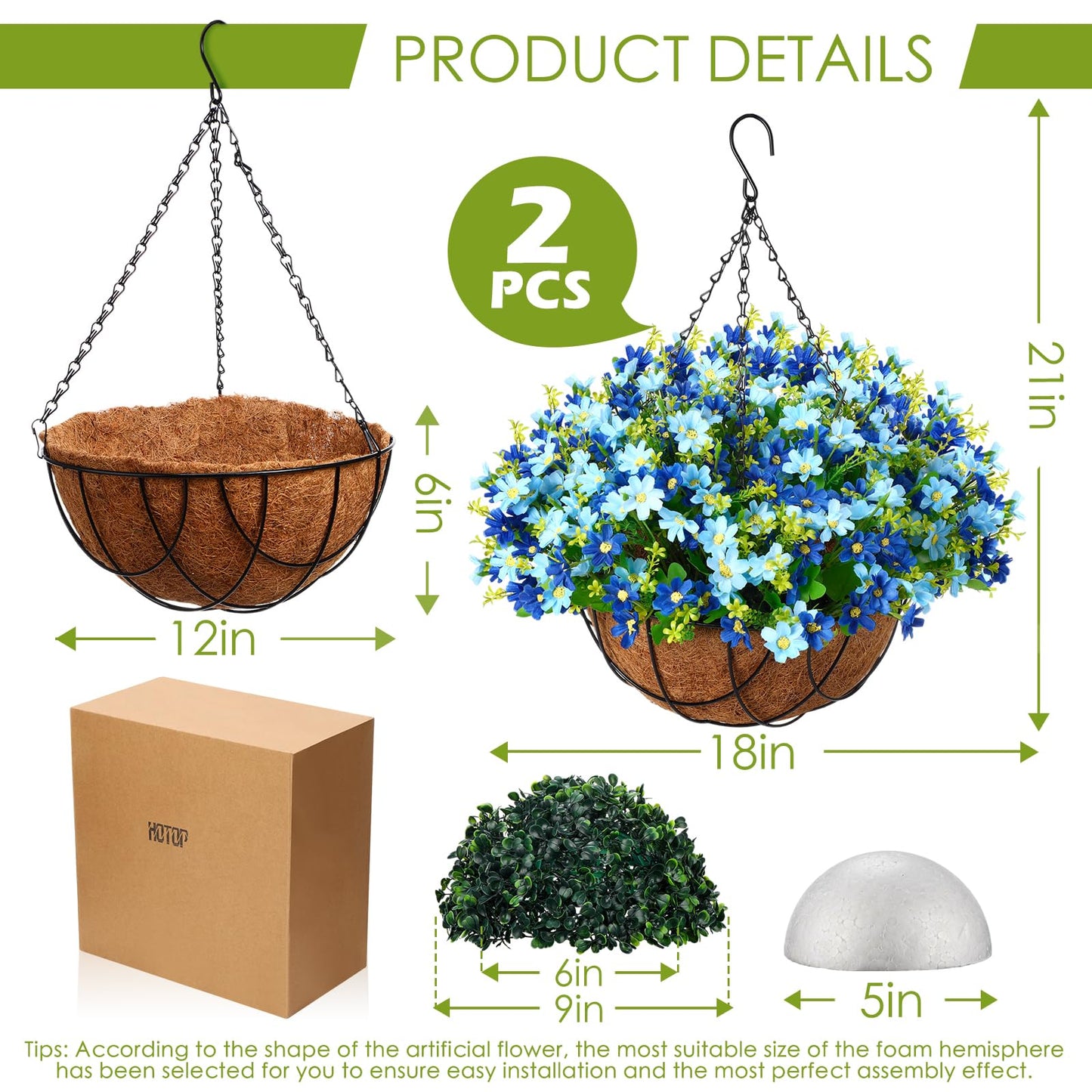 Hotop 2 Pack Artificial Hanging Baskets with Flowers for Outdoors Fake Hanging Plants for Spring Summer Porch Home Decoration Artificial Daisy Flower Arrangement in Coconut Lining Baskets(Blue)