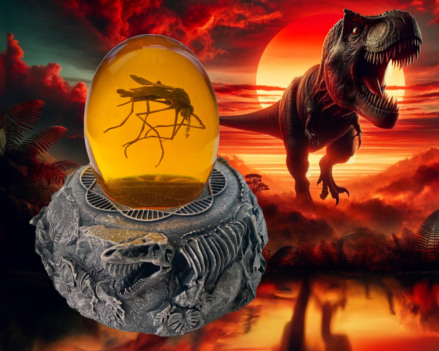 VEOJEIN Mosquito in Amber and Jurassic Base | Dinosaur Fossil Decor and Collectable Gift | Skeletin Figurines | Dinosaur DNA Replica Prehistoric World Prop | Paper Weight