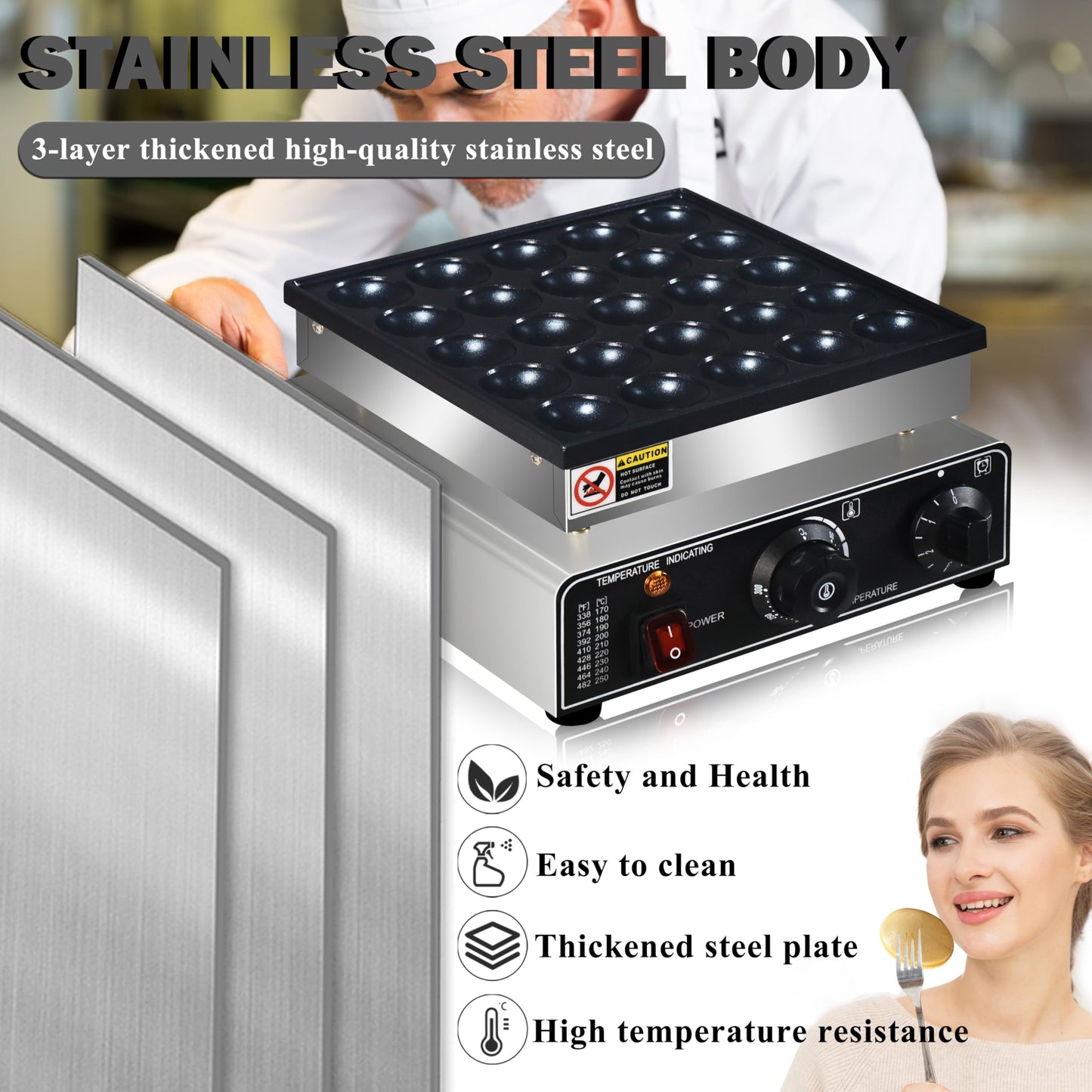 110V US Commercial 25PCS Mini Pancake Maker,950W Mini Dutch Pancake Maker,Non-stick,Dutch Poffertjes Grill,Stainless Steel,Breakfast,Snacks,Desserts.