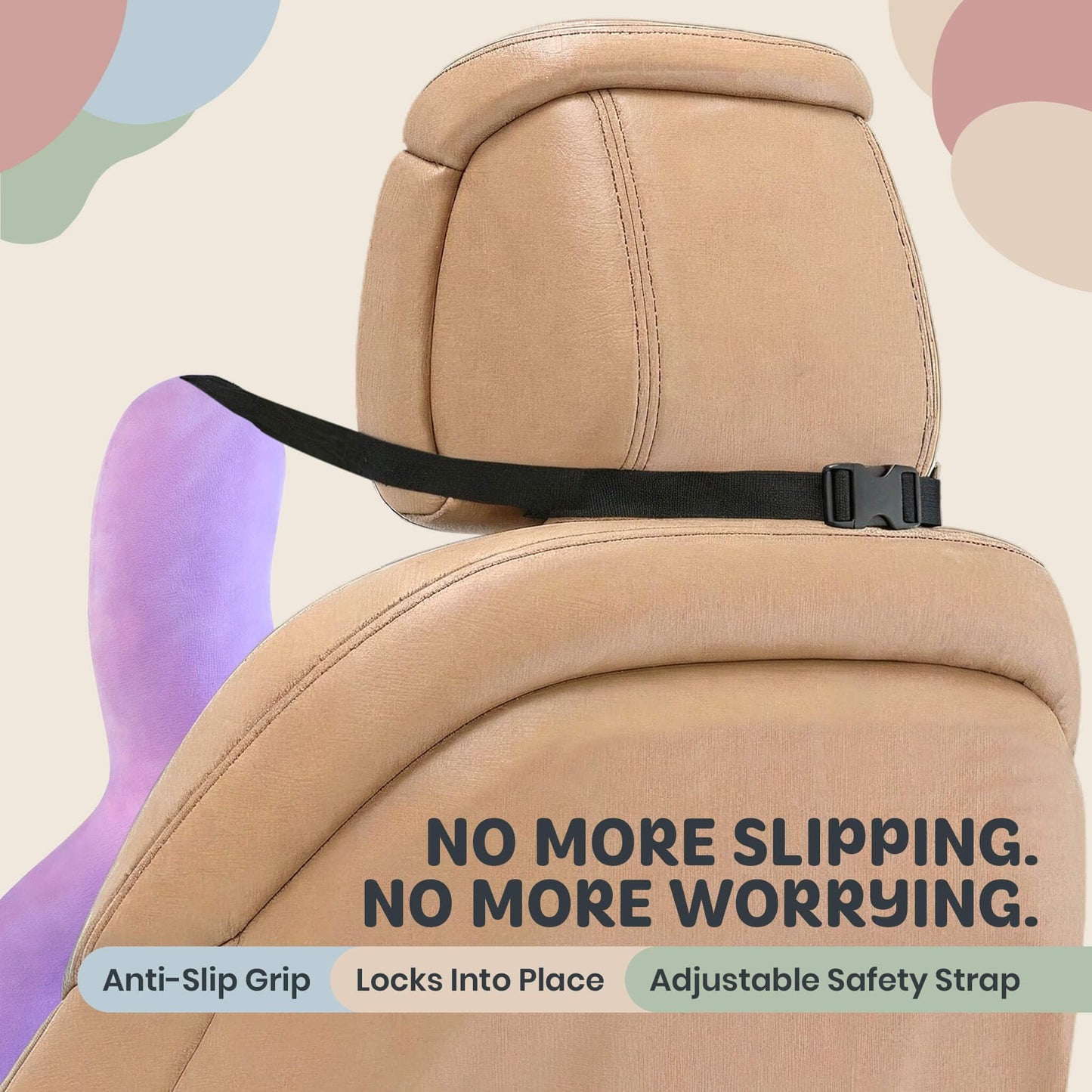 FOMO Finds Kids Car Sleeping Pillow - X-Shaped Plush Animal for Neck & Back Support - Hands & Seat Belt Slot - Machine Washable & Compressible - Perfect for Car, Plane, Train, Boat & More - Purple