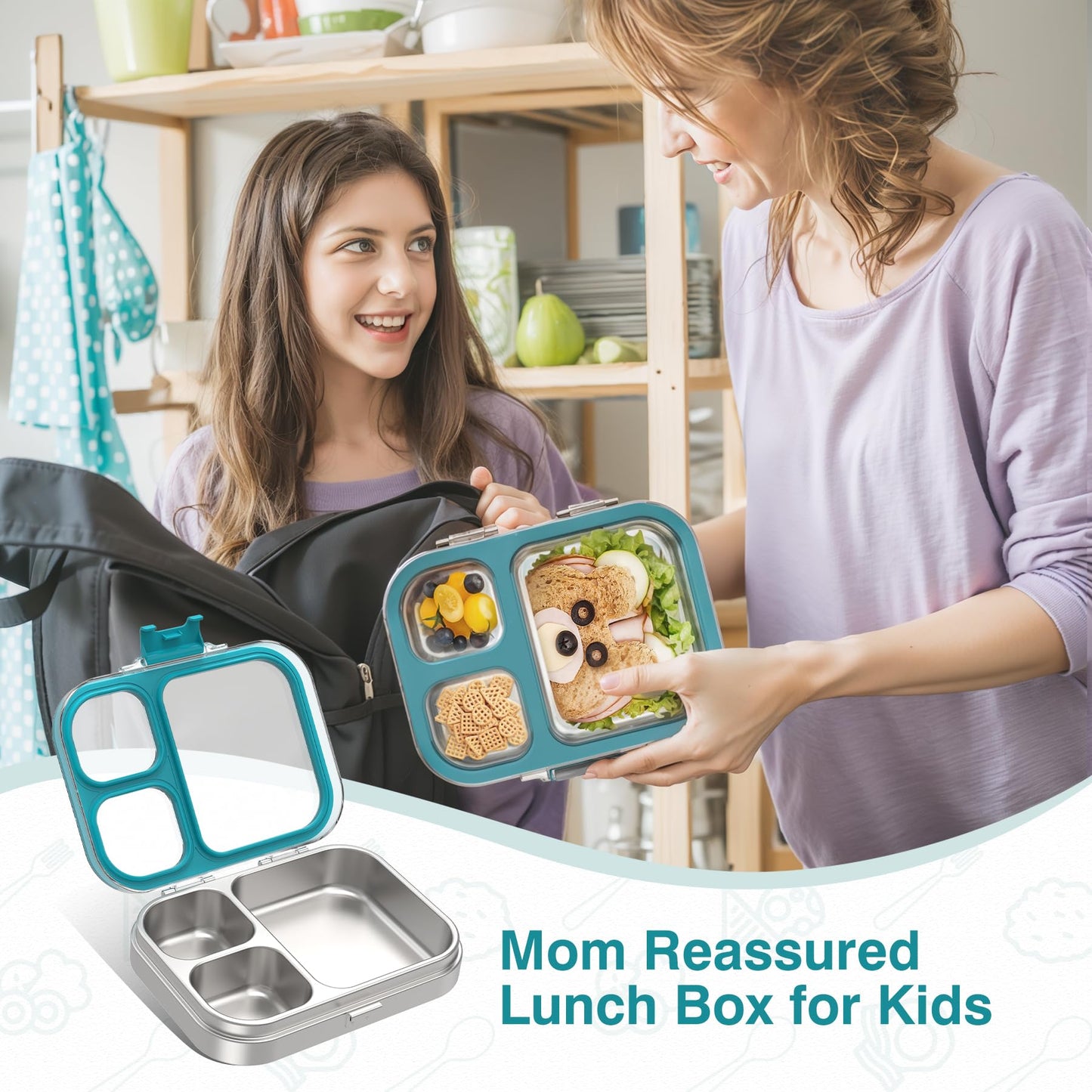 HOMEKOL Stainless Steel Bento Lunch Box, 3-Compartment Leak-Proof Lunch Container for Kids & Adults, BPA/BPS-Free 304 Metal Food Box, Dishwasher Safe, Clear Tritan Lid, Blue (Not Insulated)