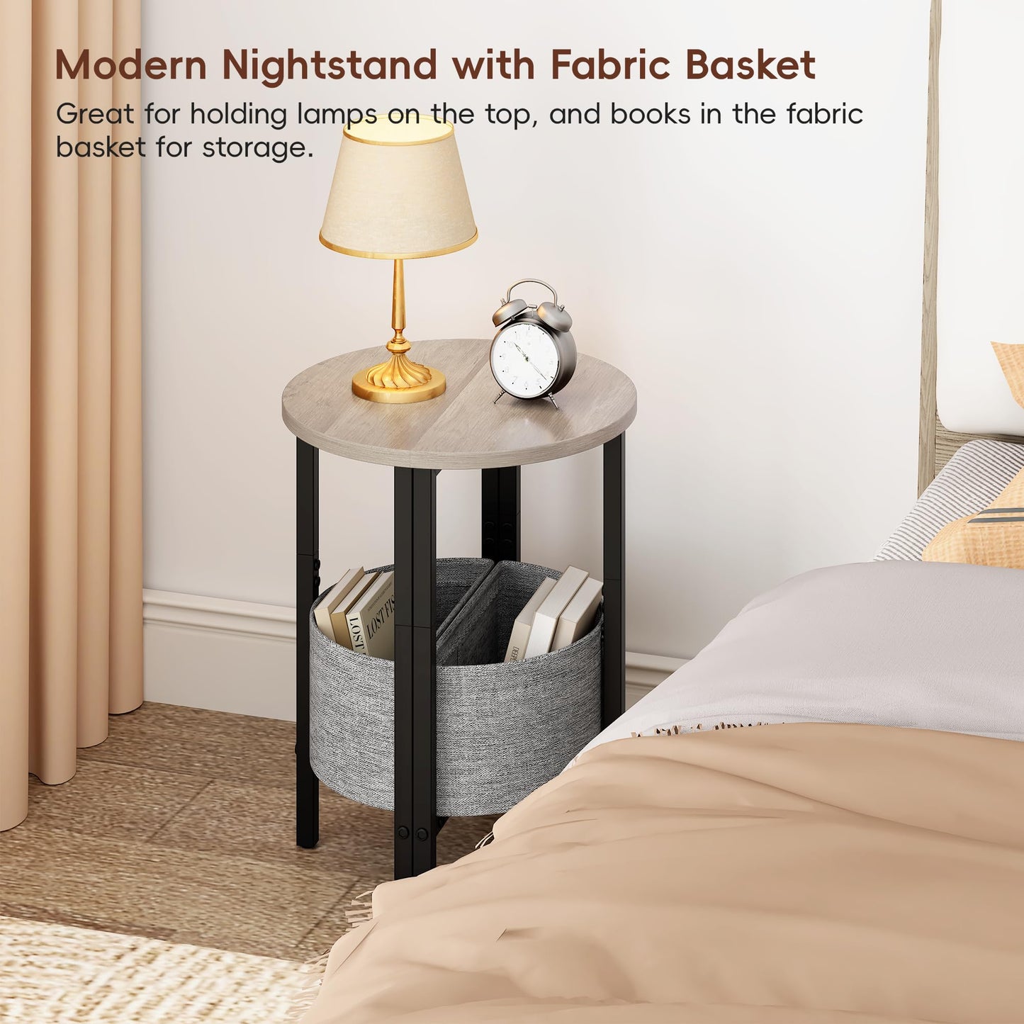 Vagusicc Small Round Side Table End Table, Tall Accent Table with Storage Basket, Set of 2 Half Round Tables Half Moon Tables, Coffee Bedside Tables, Modern Nightstand for Living Room Bedroom, Gray