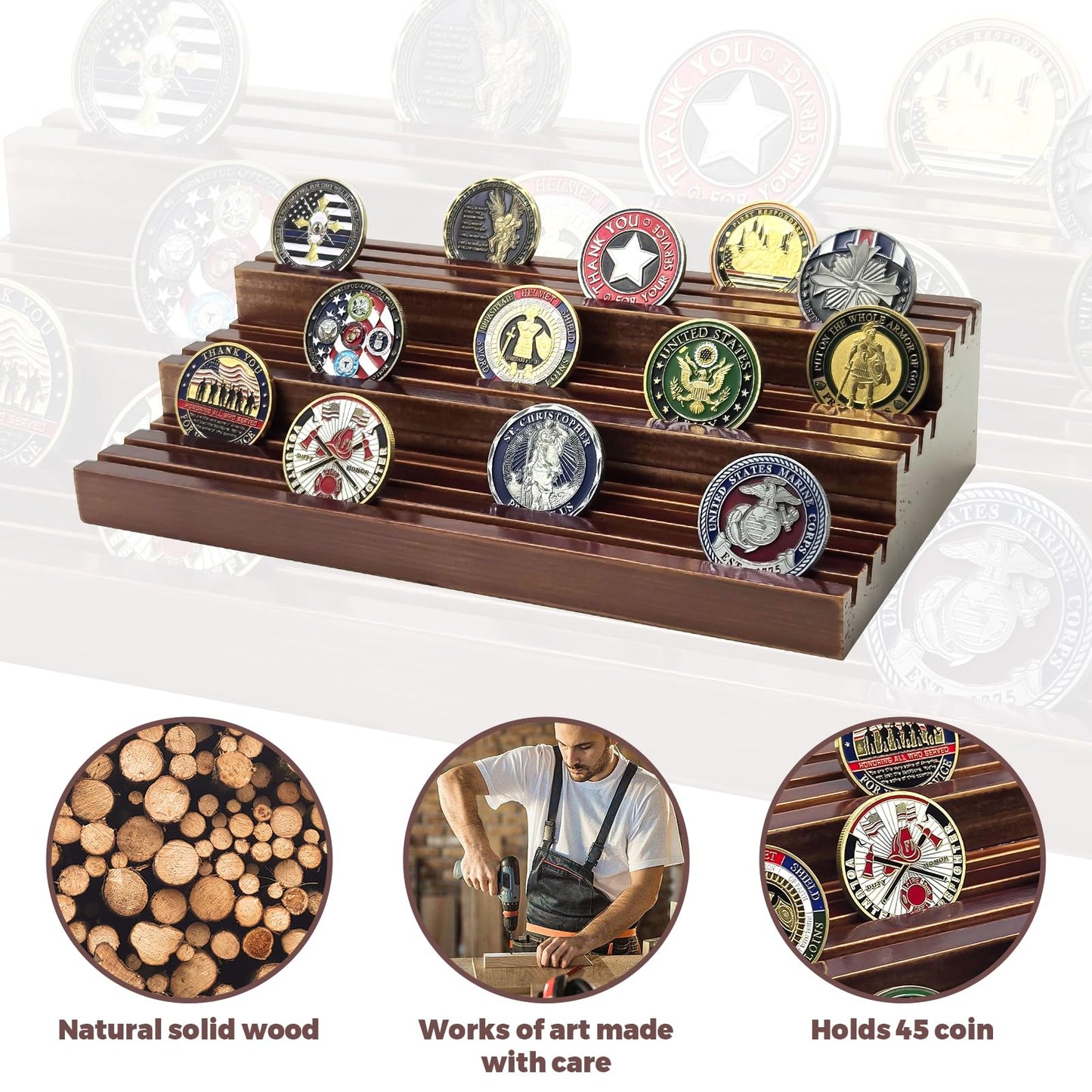 SPVIKISGO Challenge Coin Display Stand, Solid Wood Military Coin Holder Display, 9 Rows of Challenge Coin Holders, Holds 45-60 Coins
