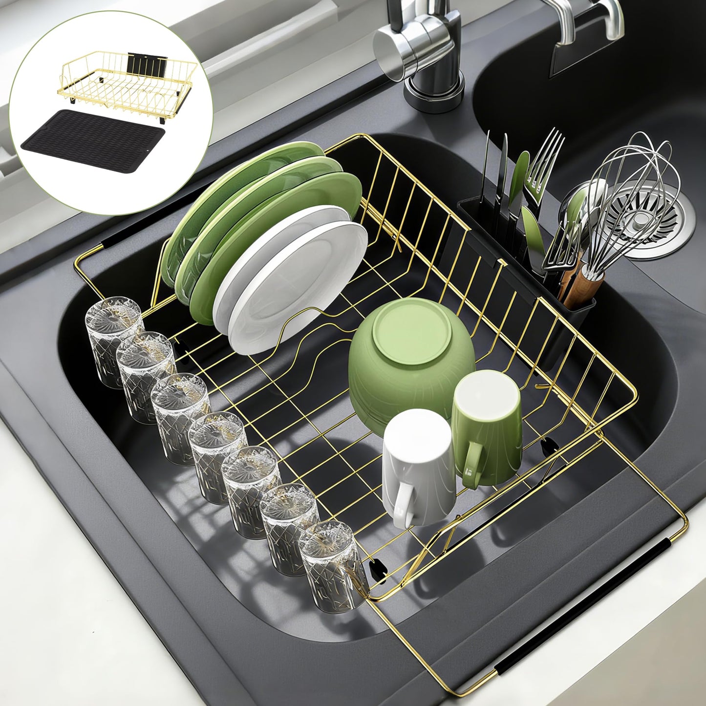 HAYAWEY Golden Expandable Dish Drying Rack with Silicone Drying Mat-Extra Large Stainless Steel Dish Drainer Over The Sink with Utensil Holder, Applicable for Sink Width 16'-22' (Gold,23.2'*12.2')