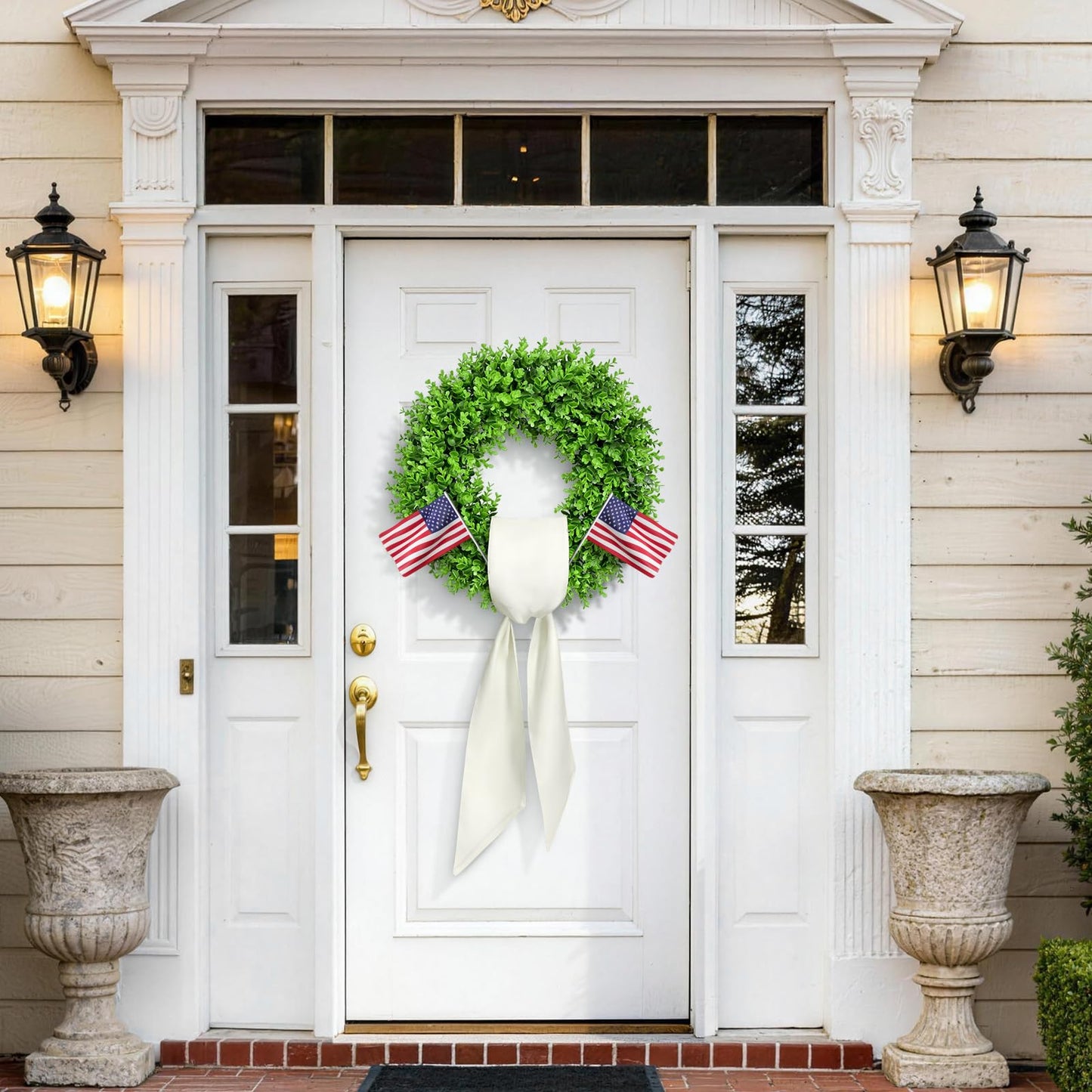 23" Boxwood Wreaths for Front Door – Preserved Boxwood Wreath with Sash｜Summer Wreaths for Front Door