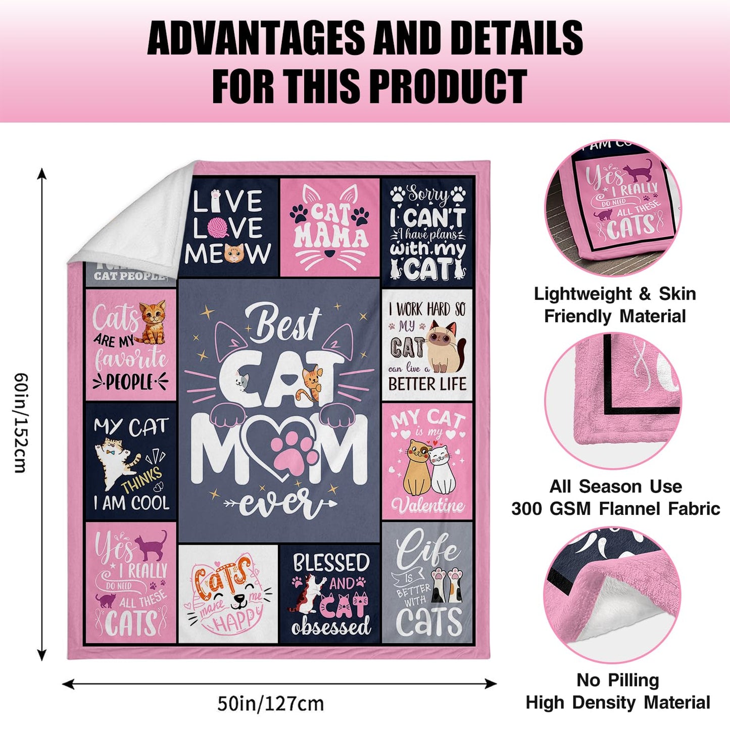 Settocos Cat Mom Gifts Blanket 50"x60", Mothers Day Birthday Gifts for Cat Lovers for Women, Cats Lovers Gifts for Women, Funny Cats Themed Gifts, Cat Lady Mom Mother Present