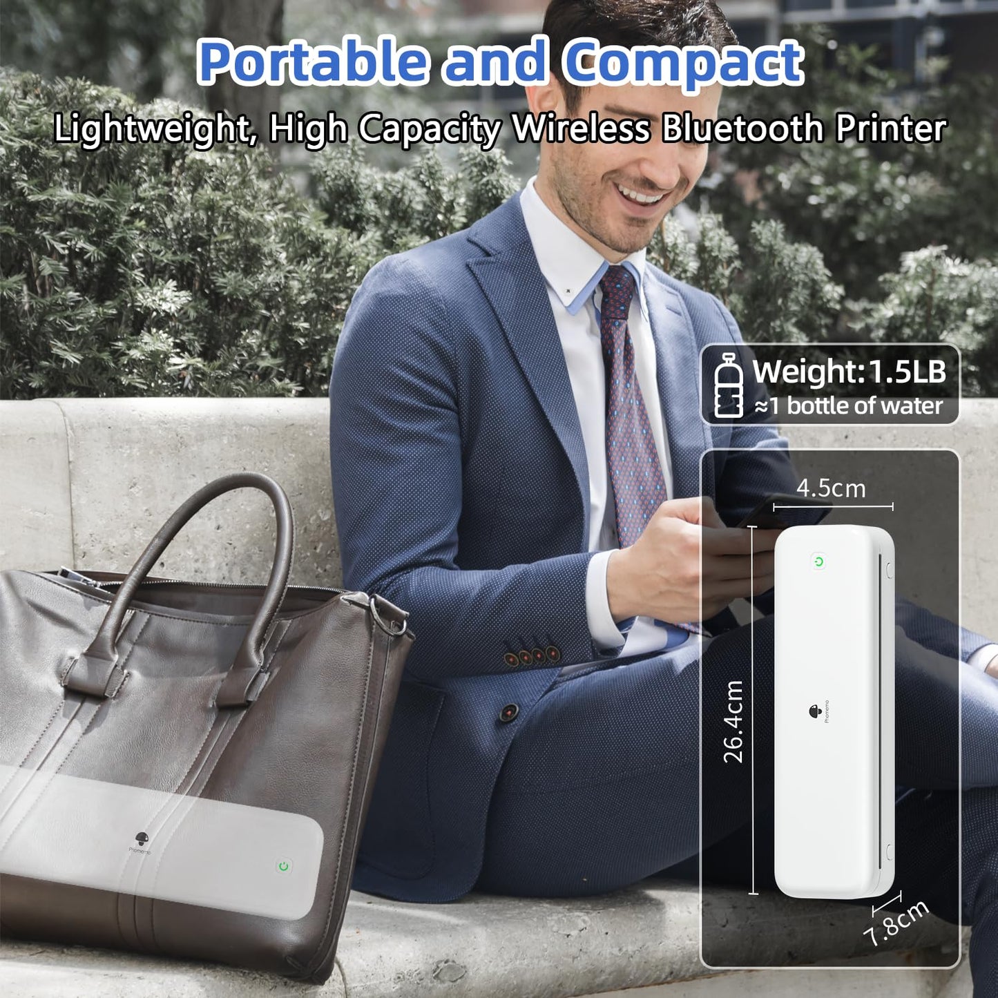 Phomemo Portable Printer, Wireless Bluetooth Thermal Printers, Support 8.5" x 11" and A4 Szie Thermal Paper, Compatible with iOS, Android & PC, Mobile Printer for Travel, Office, School, White