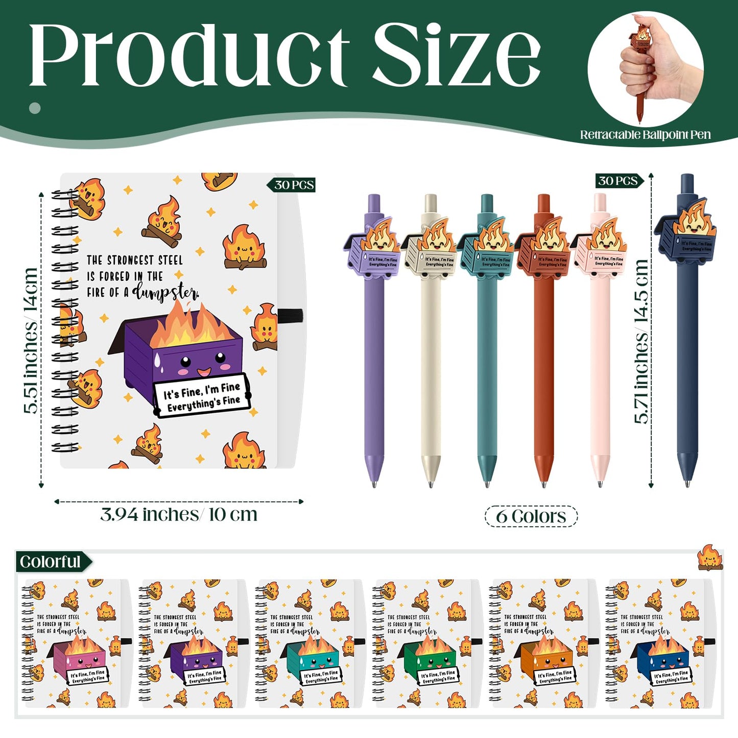 Resurhang Dumpster Fire Gifts Bulk Funny Coworker Employee Appreciation Gifts, A6 Notebooks Pens Set for Nurse Appreciation, Office Team Staff, Teacher, Volunteer(60 Pcs,Colorful)