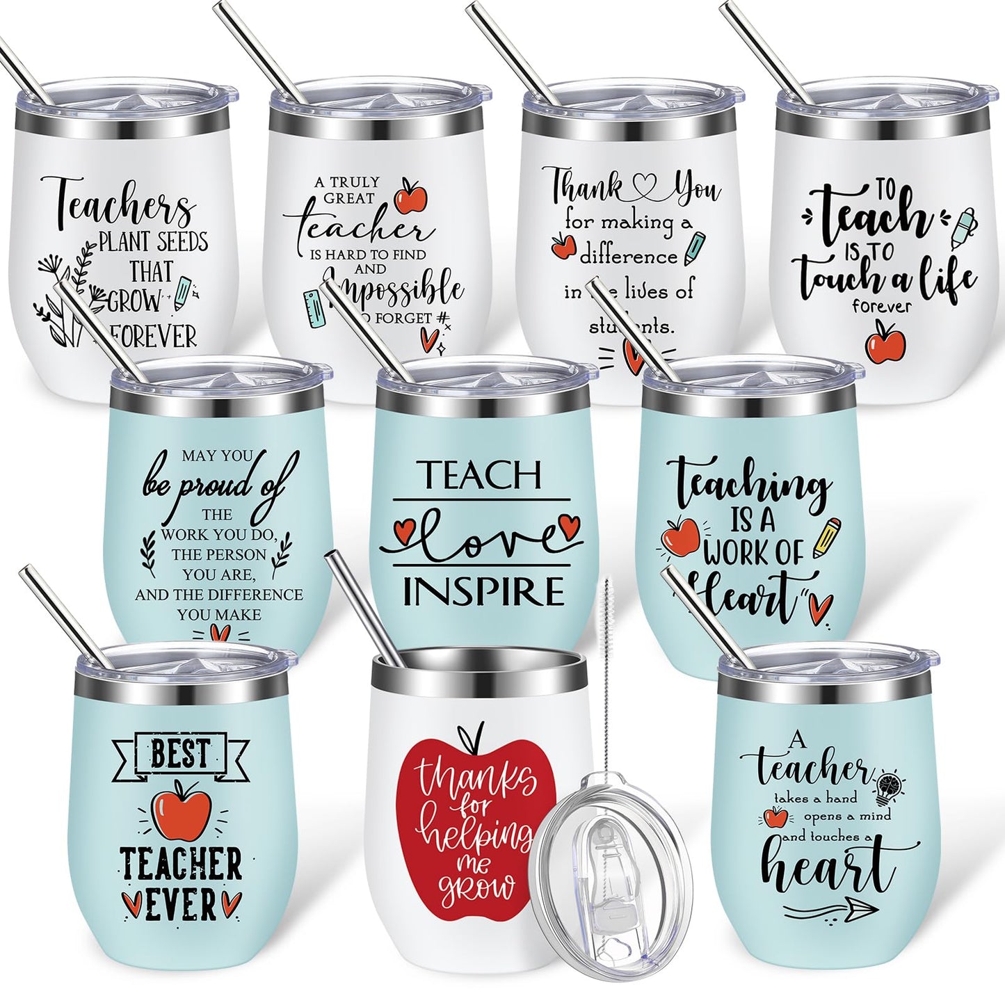 meekoo 10 Pcs Teacher Appreciation Gifts Bulk, End of Year Teachers Gift 12oz Stainless Steel Coffee Mugs with Lid Straw Brushes Thank You Tumblers Cup for Women Men from Students Graduation (Classic)