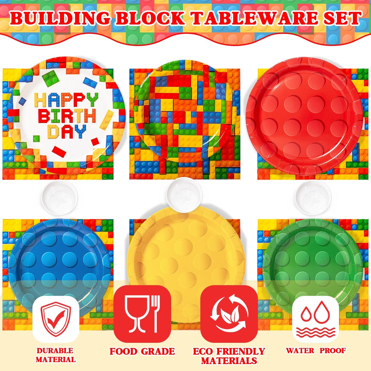 197 Pcs Building Blocks Birthday Paper Plates Tableware Set (Serves 24), Colorful Blocks Supplies Include Banner Pendant Plates Napkins Cups Forks Knives Tablecloth Topper Balloons For Kids Party