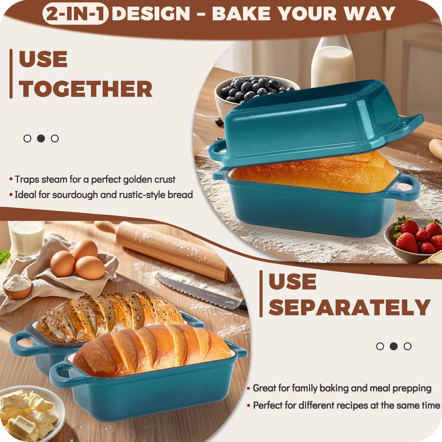 Articasting Cast Iron Loaf Pan With Lid, Enameled Bread Loaf Pan For Homemade Bread Sourdough, 2 In 1 Loaf Pans For Baking Bread 9x5, Even Heating Bread Dutch Oven, Teal