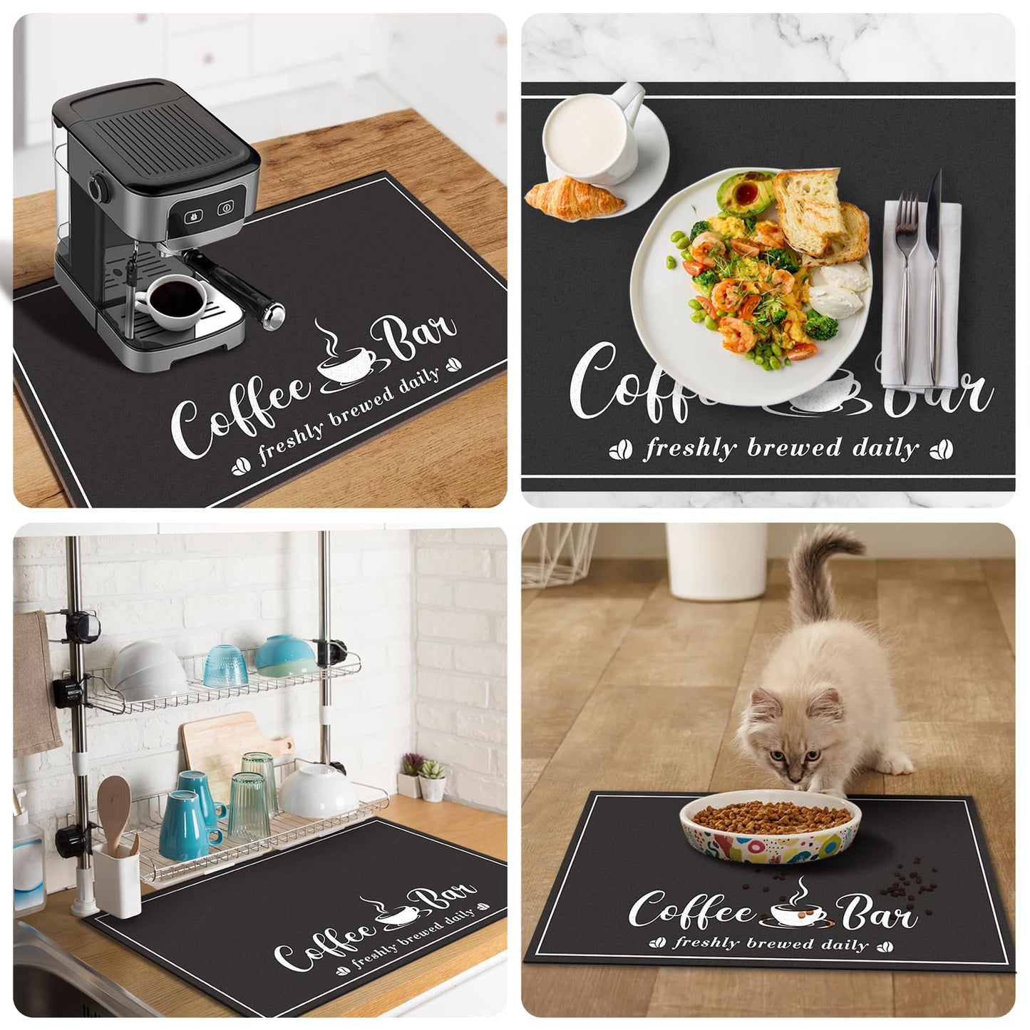 CooRug Absorbent Coffee Mat, Fashion Dish Drying Mat for Kitchen Counter Coffee Bar Accessories Espresso Machine Dish Rack 17" x 32" Black