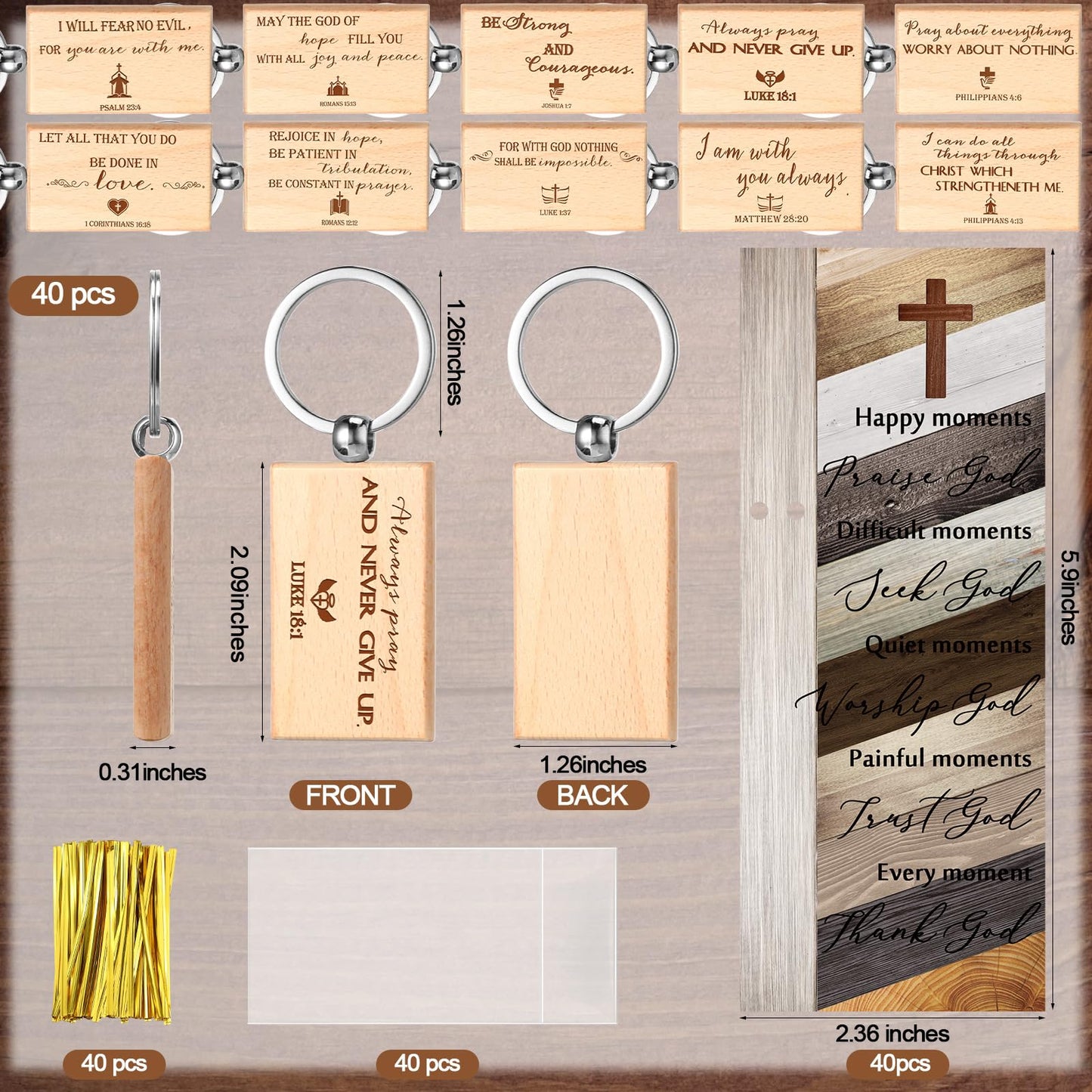 Spakon 120 Pcs Fathers Day Church Gifts Bulk, 40 Bible Verse Bamboo Pens 40 Church Keychains 40 Cross Bookmarks and Bags for Religious Sunday School Christian Party