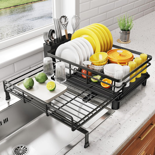 SNTD Dish Drying Rack - Extendable Dish Rack, Large Sink Drying Dish Drainer for Kitchen Counter, Stainless Steel Dish Strainer with Utensil Holder (Black)