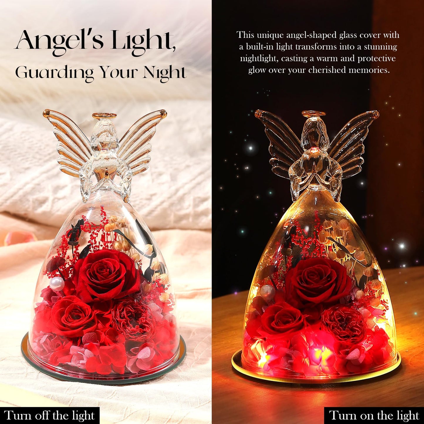 Mothers Day Roses Gifts for Mom Forever Preserved Real Roses Flowers in Glass Angel Figurines Fresh Flowers for Delivery for Grandma Women Mom Wife from Daughter/Red