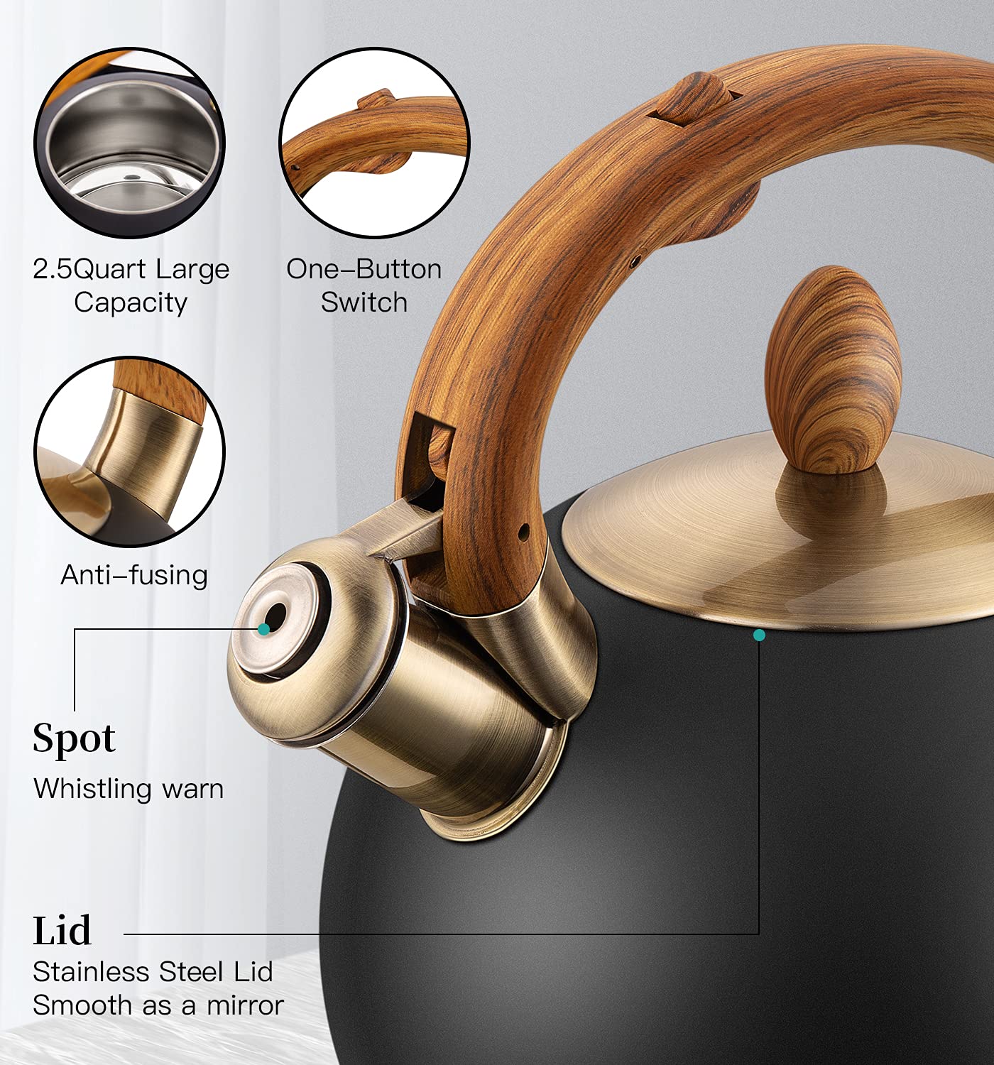 VICALINA Tea Kettle & Tea Pot, 2.64 Quart Food Grade Stainless Steel Induction Whistling Tea Kettle for Stove Top Home Daily Use Teapot with Cool Touch Ergonomic Handle Polished Black