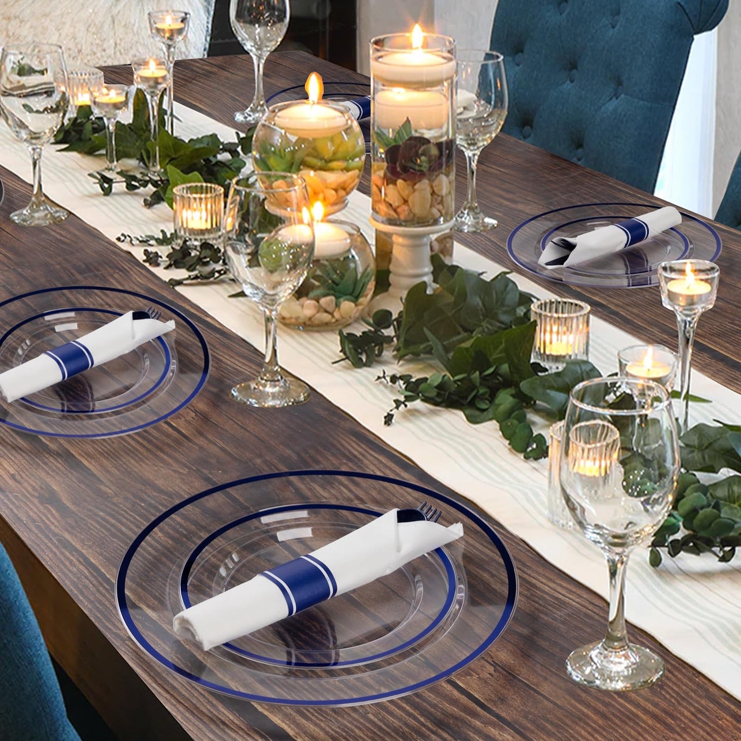 Goodluck 350 Piece Dark Blue Plastic Dinnerware Set for Party, Clear Disposable Plates for 50 Guests, Includes 100Plates, 50 Pre Rolled Napkins with Cutlery Set, 50 Cups, for Graduation, Birthday