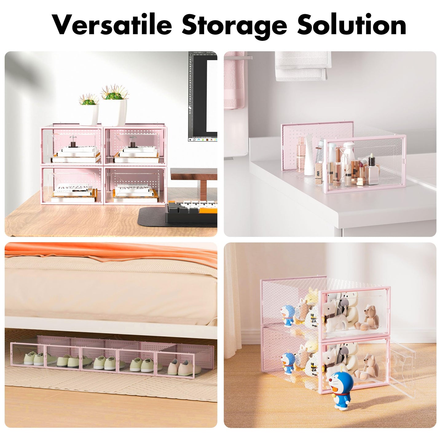 Foluck Shoe Storage Box, 15 Pack Clear Plastic Stackable Shoe Organizer for Closet, Interlocking Design Shoe Container Bins for Sneakers, Foldable Shoe Rack with Lids, Pink
