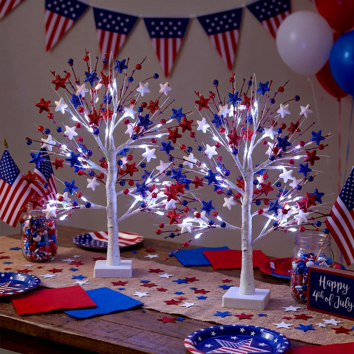 Baquler 2 Pcs 4th of July Decoration Lighted Patriotic Birch Trees with Red White Blue Star LED Battery Operated Artificial Tabletop Tree 24 Inch Memory Day Centerpieces for Home Indoor Table