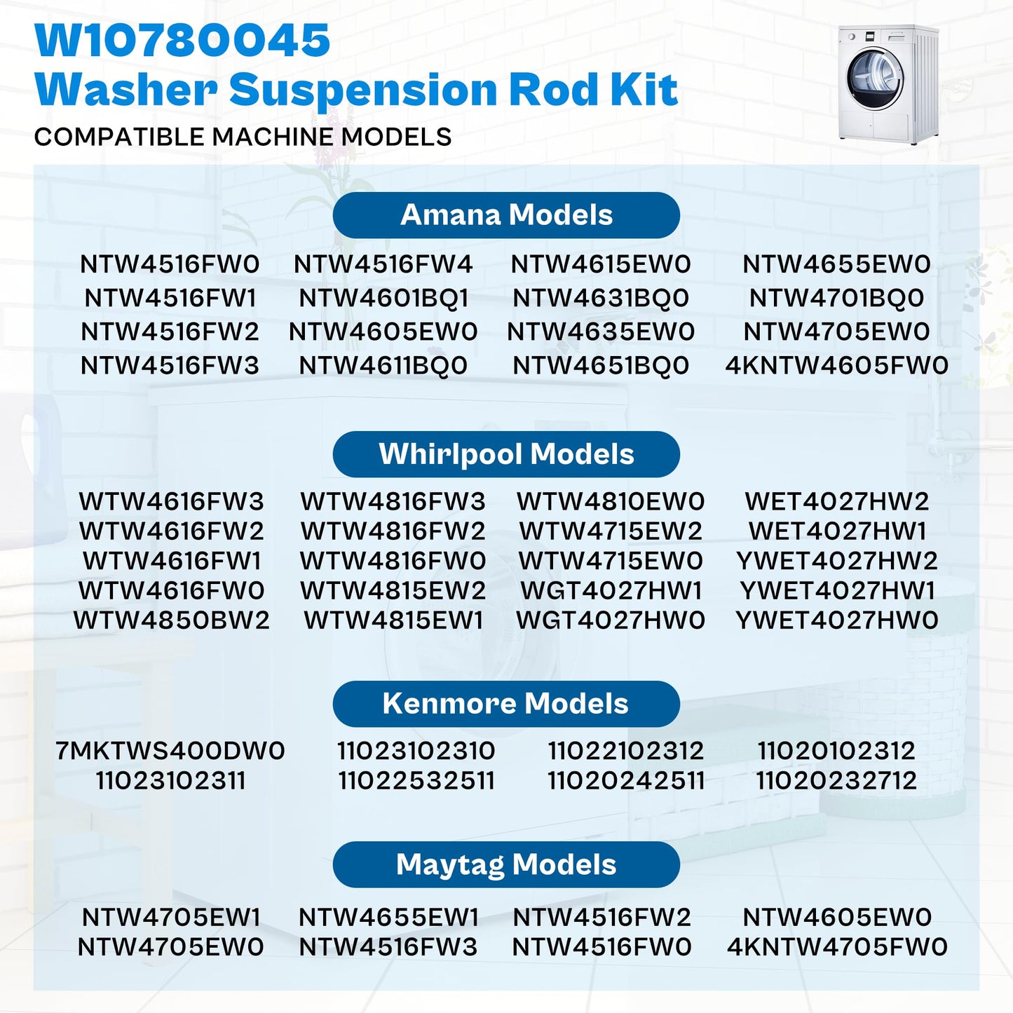 W10780045 NTW4516FW3 WTW4816FW2 WTW4800BQ1 Washer Suspension Rods Kit for Amana Whirlpool Kenmore | Fits NTW4516FW2 NTW4605EW0 WTW4616FW0 | Reduces Vibration & UL Error