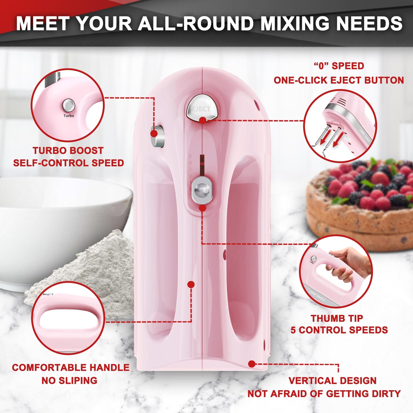 Lord Eagle Hand Mixer Electric Handheld 400W, 5-Speed Lightweight Kitchen Mixer with Storage Case, 5 Stainless Steel Attachments for Baking Cake Egg Cream Food Beater, Turbo+Eject Button, Pink