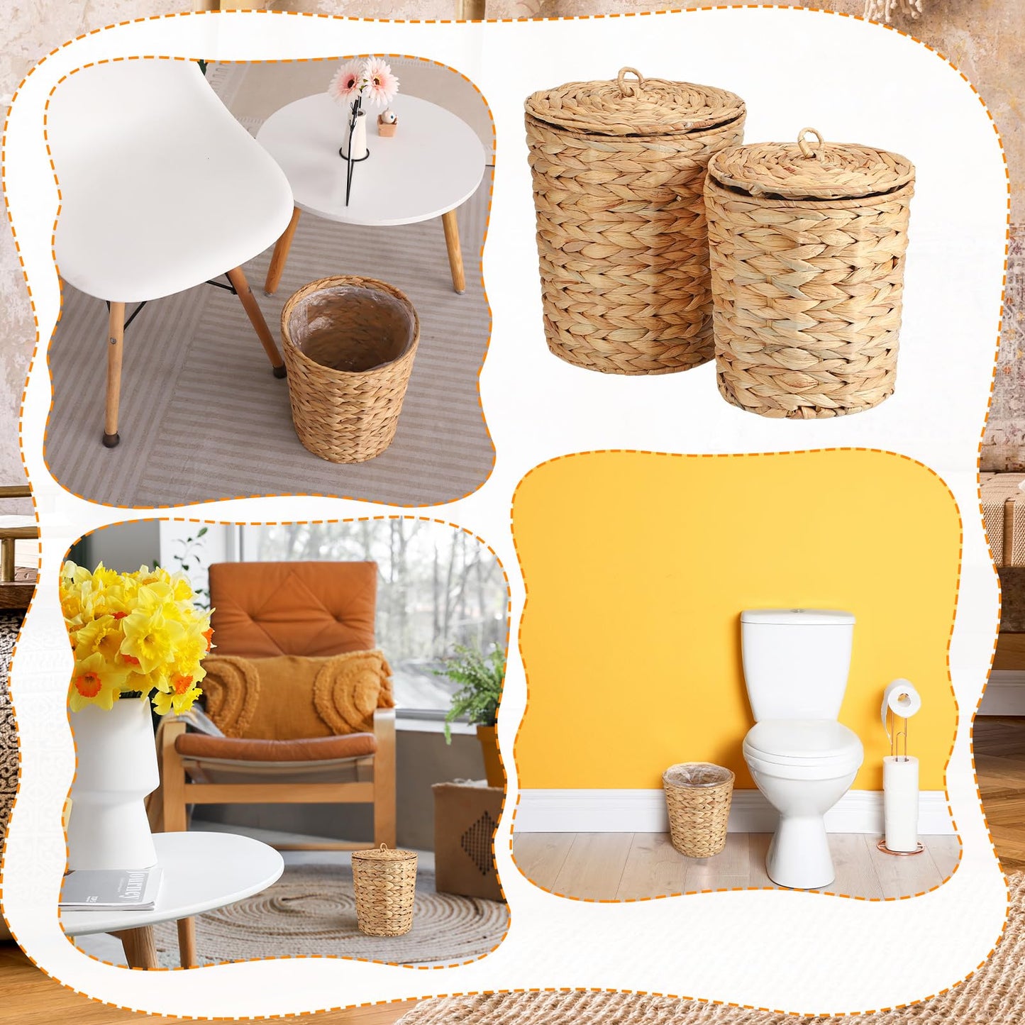 Ovveroche 2 Pcs Wicker Trash Can with Lid and Liner, 2.7 Gallon and 1.88 Gallon Wastebasket Garbage Can Boho Storage Basket for Bathroom Bedroom Home Office Kitchen