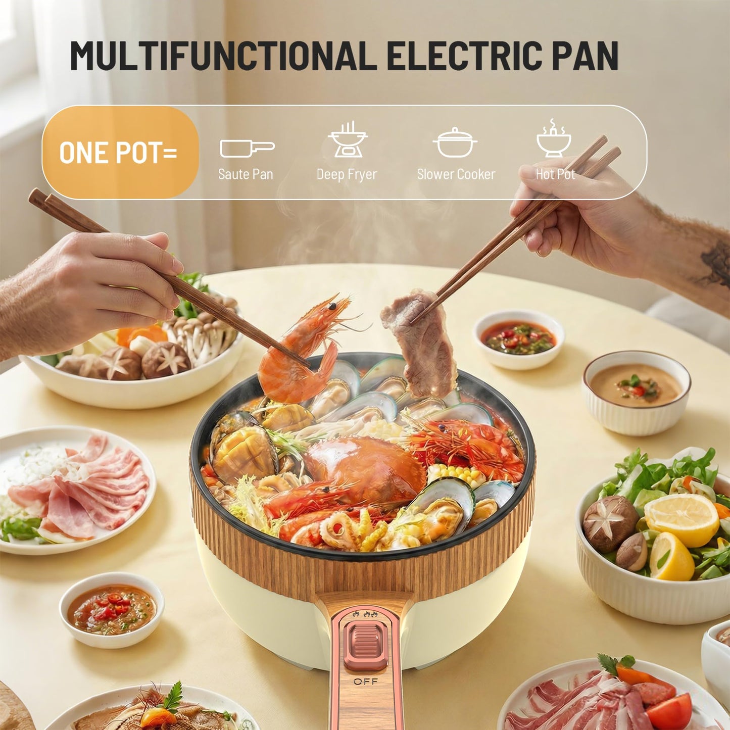 Cullinsss Hot Pot Electric, 1.5L Portable Electric Pot Frying Sauté Pan Multifunctional Cooker for Ramen Steak Soup with Adjustable Power for Dorm Home Travel (Silicone Spatula Included)