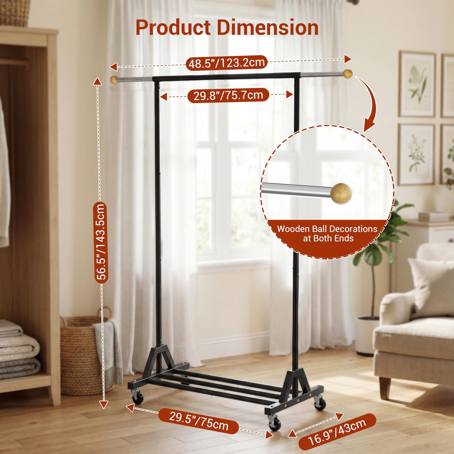HRUSGO Rolling Garment Rack - Retractable Clothes Rack with Hanging Rods, Lockable Wheels and Bottom Storage Shelf - Sturdy Coat Rack, Freestanding Clothing Organizer for Bedroom, Laundry & Closet