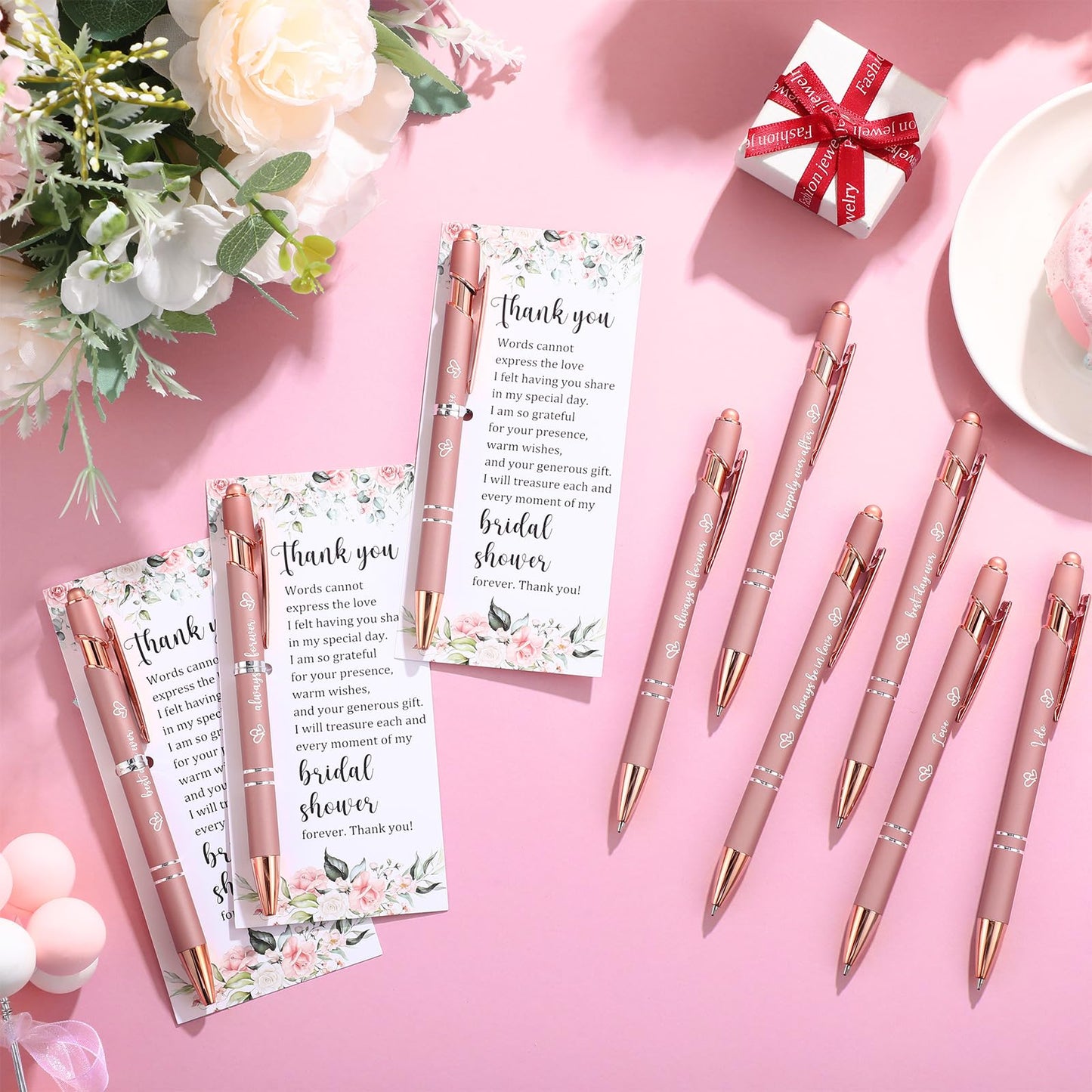 Chiisong 50 Set Bridal Shower Favors for Guests Wedding Rose Gold Pens Bulk with Thank You Cards Bridal Shower Retractable Ballpoint Pen for Guest Party Gifts Prizes Wedding Souvenirs