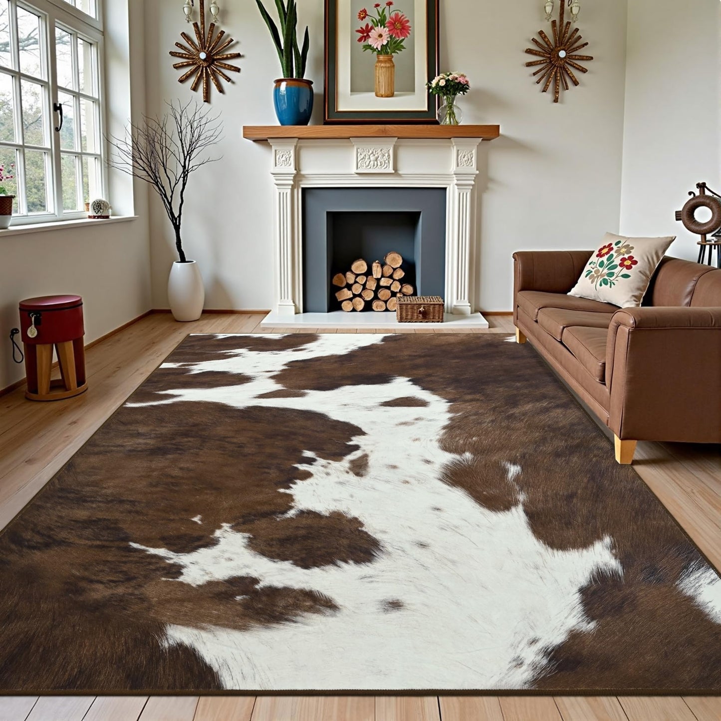 Foxmas Cow Print Rugs for Living Room Bedroom, 5x7 Washable Non-Slip Low Pile Indoor Floor Rug, Carpet for Dining Room Kitchen Office Western Home Decor, Brown