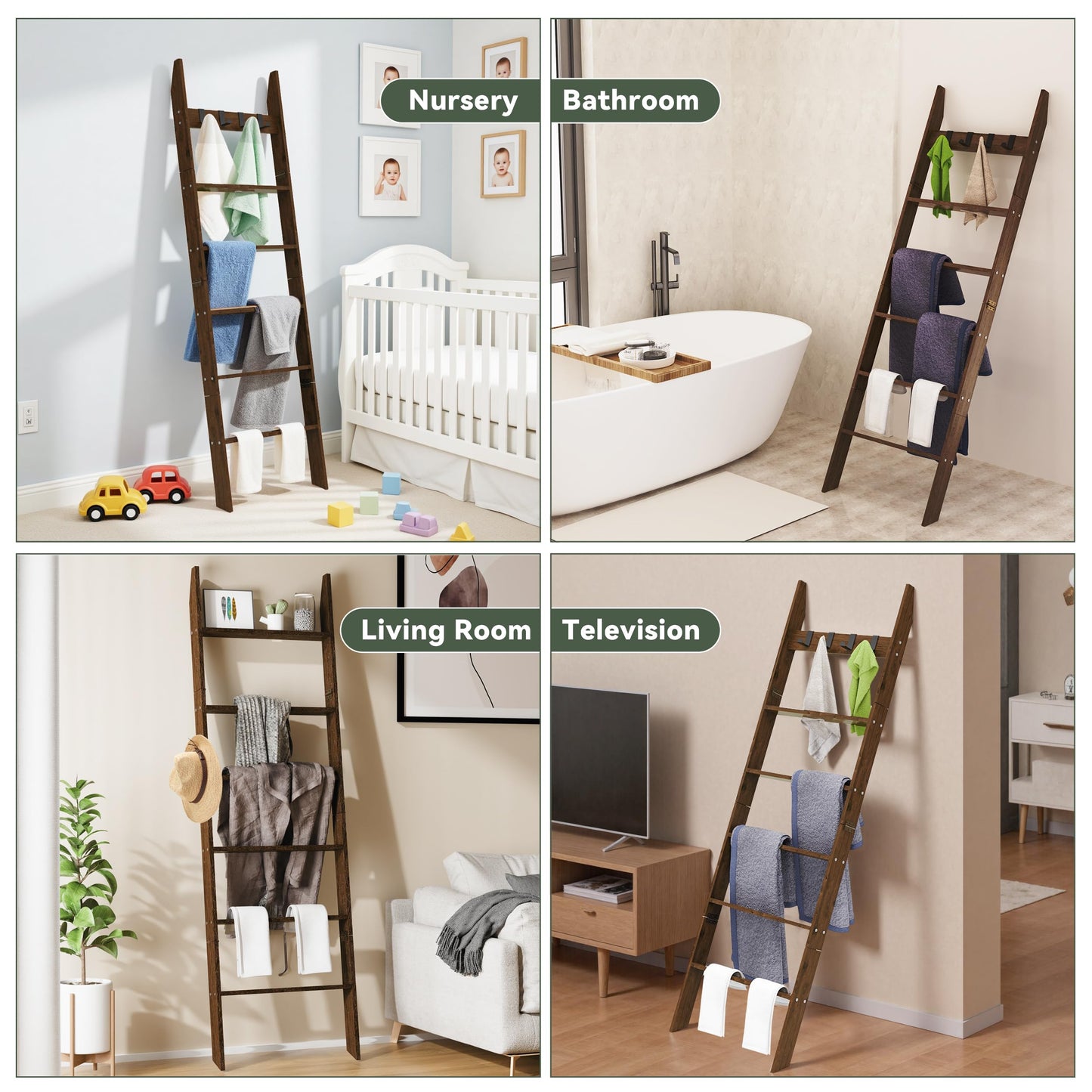 AJLS 6-Tier Blanket Ladder for Living Room, 5.6FT Pine Wood Quilt Rack with 4 Anti-Slip Straps and 4 Removable Hooks, Lightweight, Easy Assembly, Hinged Design, Farmhouse Decorative Shelf