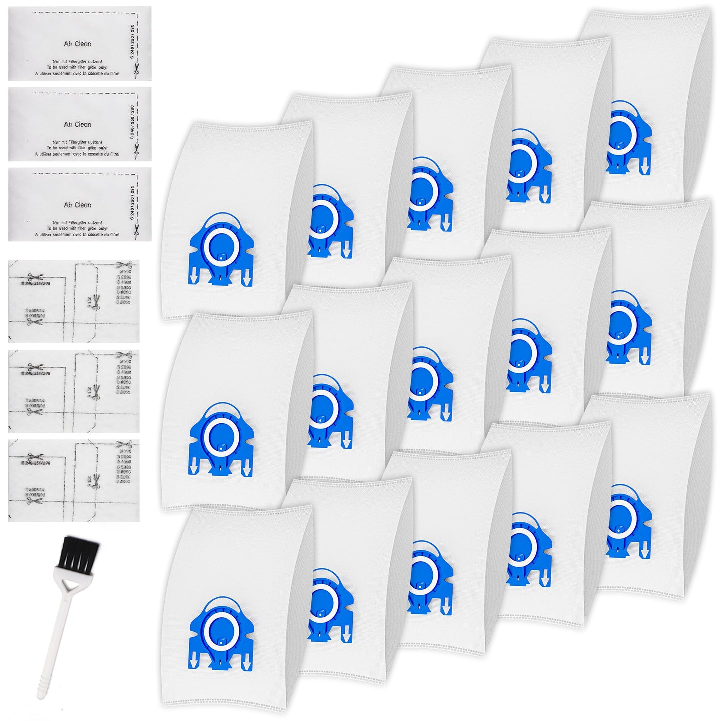 Vacuum Cleaner Bags Fit for Miele Classic C1 Complete C1 C2 C3 S227 S240 S270 S400 S2 S5 S8 Series, Include 15 Packs 3D Efficiency Airclean Bags with 3 Motor Protection Filters and 3 AirClean Filters