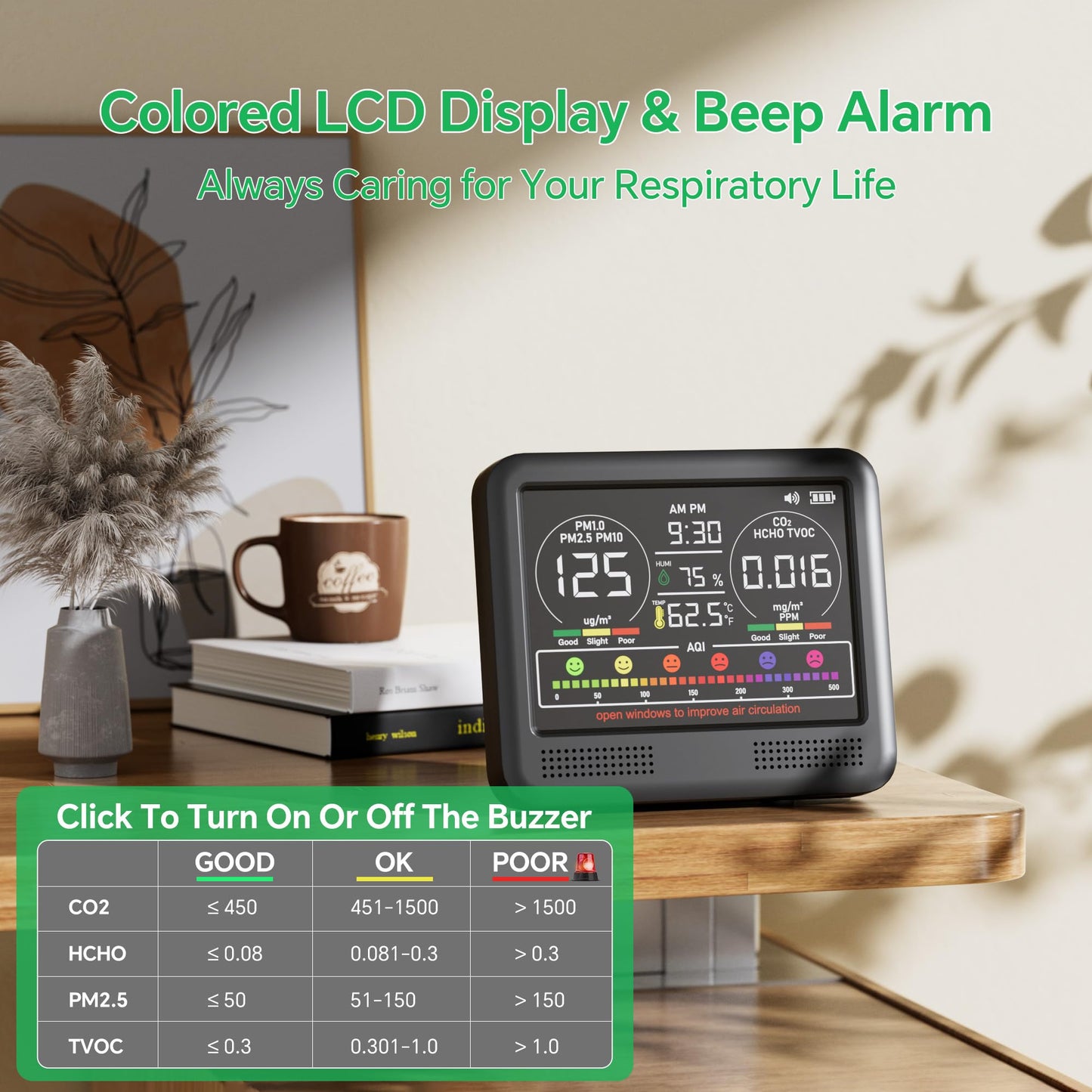 16-in-1 Air Quality Monitor Indoor with 7AQI Beep Alarm, CO2 Monitor, Air Quality Detector with PM1.0 | PM2.5 | PM10 | Temp | HUM | Formaldehyde | VOC Tester for Home Office Plant