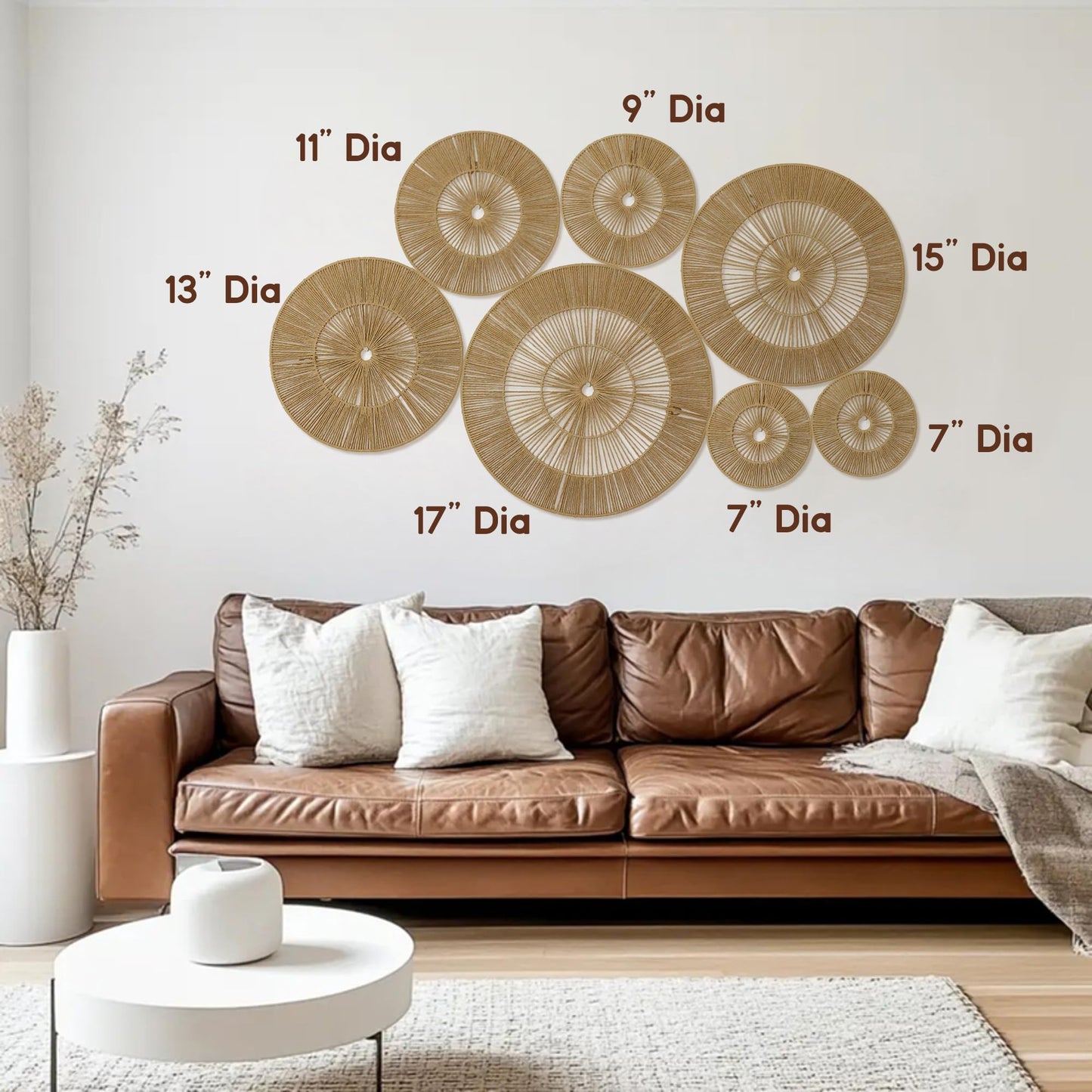 Mokof 7 Pack Boho Wall Baskets Decor Set (17", 15", 13", 11", 9", 7", 7") - Natural Paper Rope Round Wall Art for Living Room, Bedroom, Dining Room, Bohemian Home Decor - - Versatile Wall Arrangements (Neutral Brown)